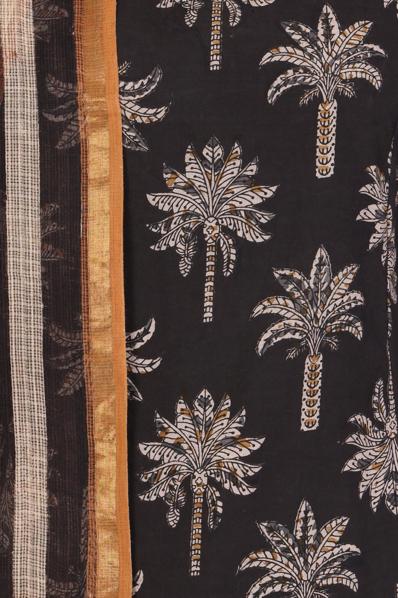 Black Block Printed Pure Cotton Straight Kurta with Pants and Dupatta Set - Image 3