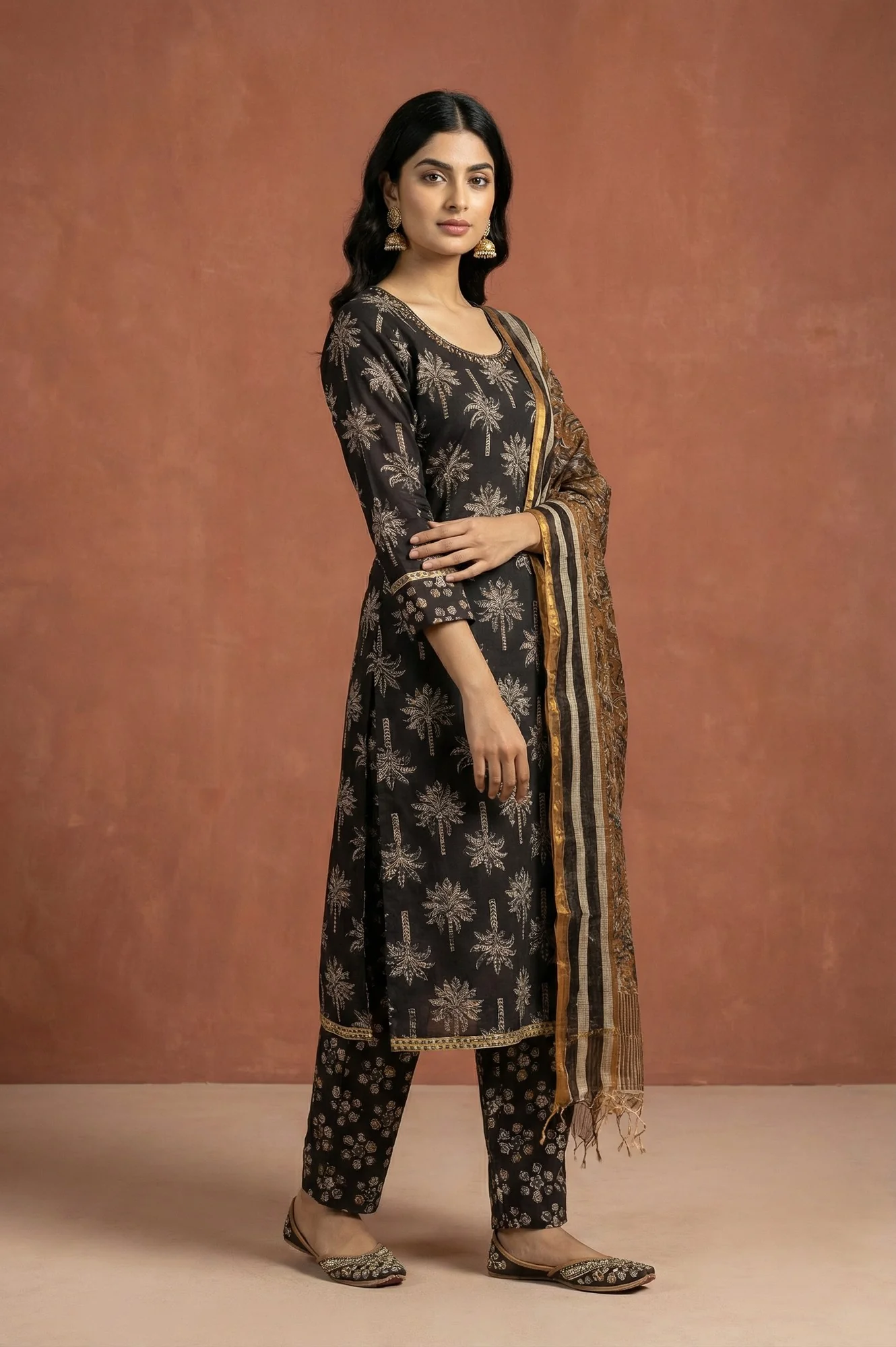Black Block Printed Pure Cotton Straight Kurta with Pants and Dupatta Set - Image 6