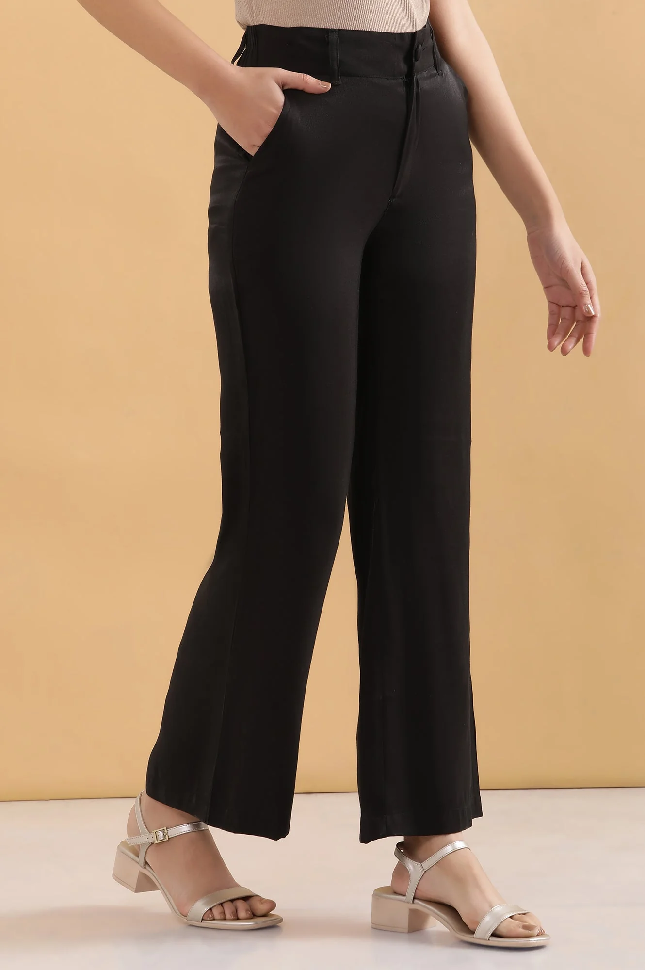 Black Solid Straight Fit Rayon Pants With Button And Zip Closure - Image 5