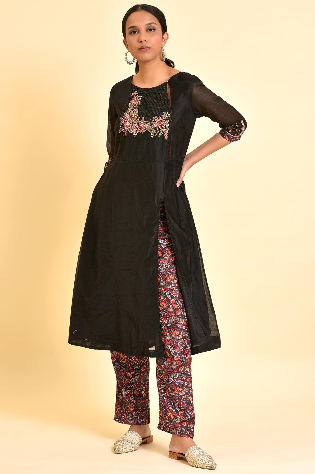 Black Chanderi kurta And Slim Pant Set - Image 2