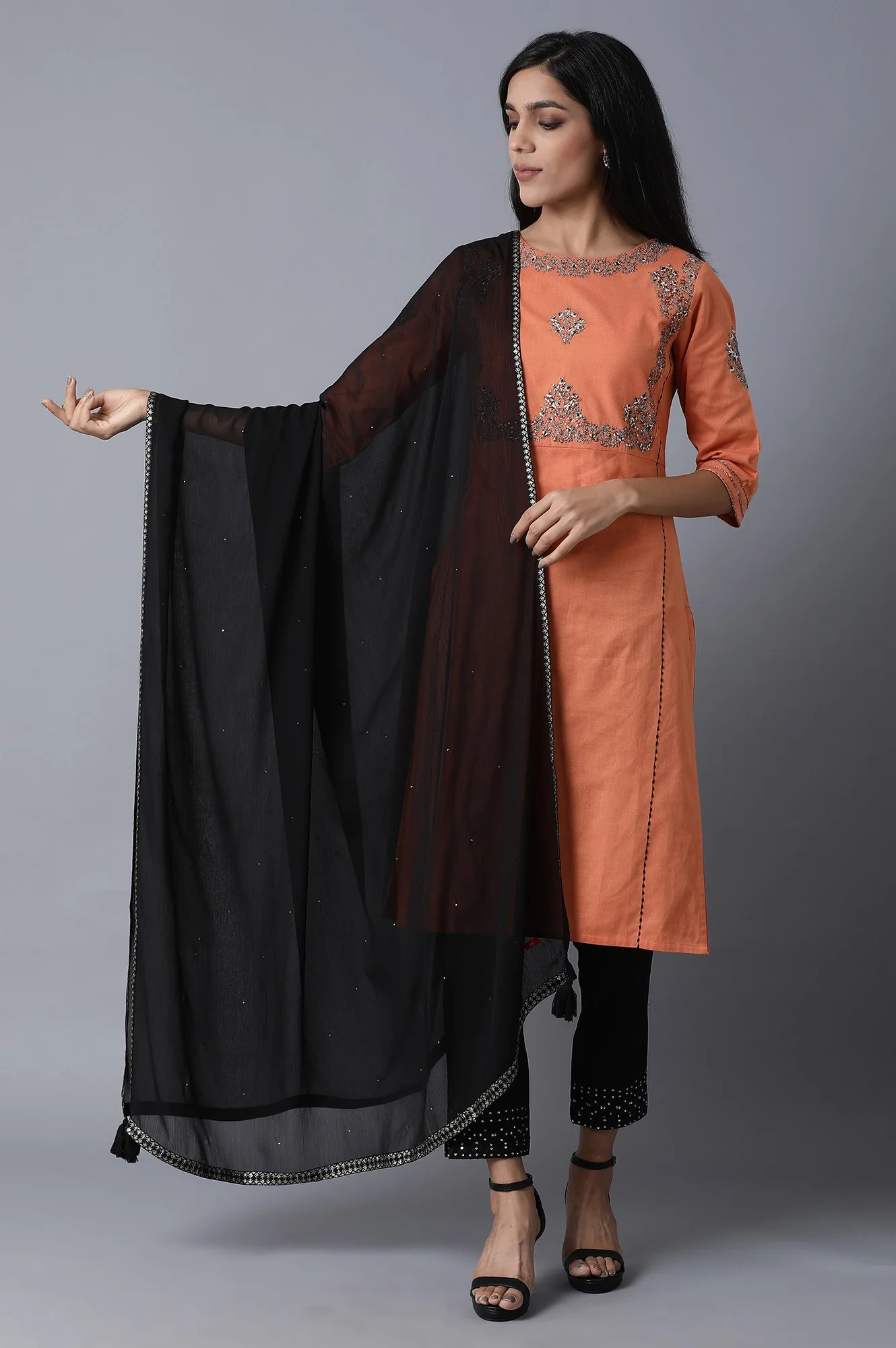 Black Chiffon Tassel Dupatta with Printed Border - Image 2