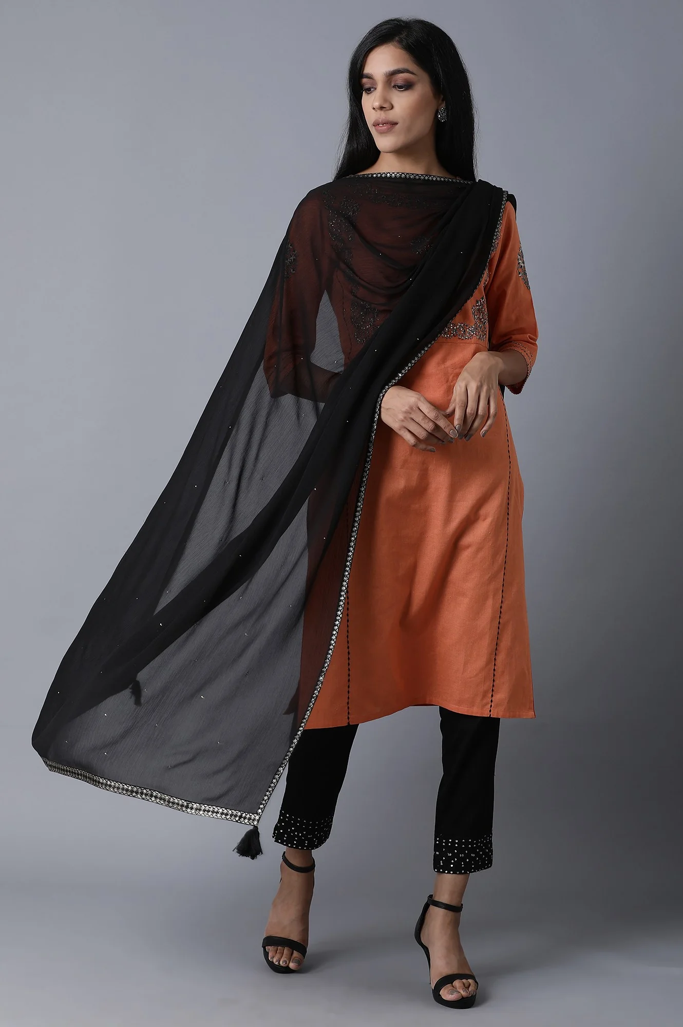 Black Chiffon Tassel Dupatta with Printed Border - Image 3