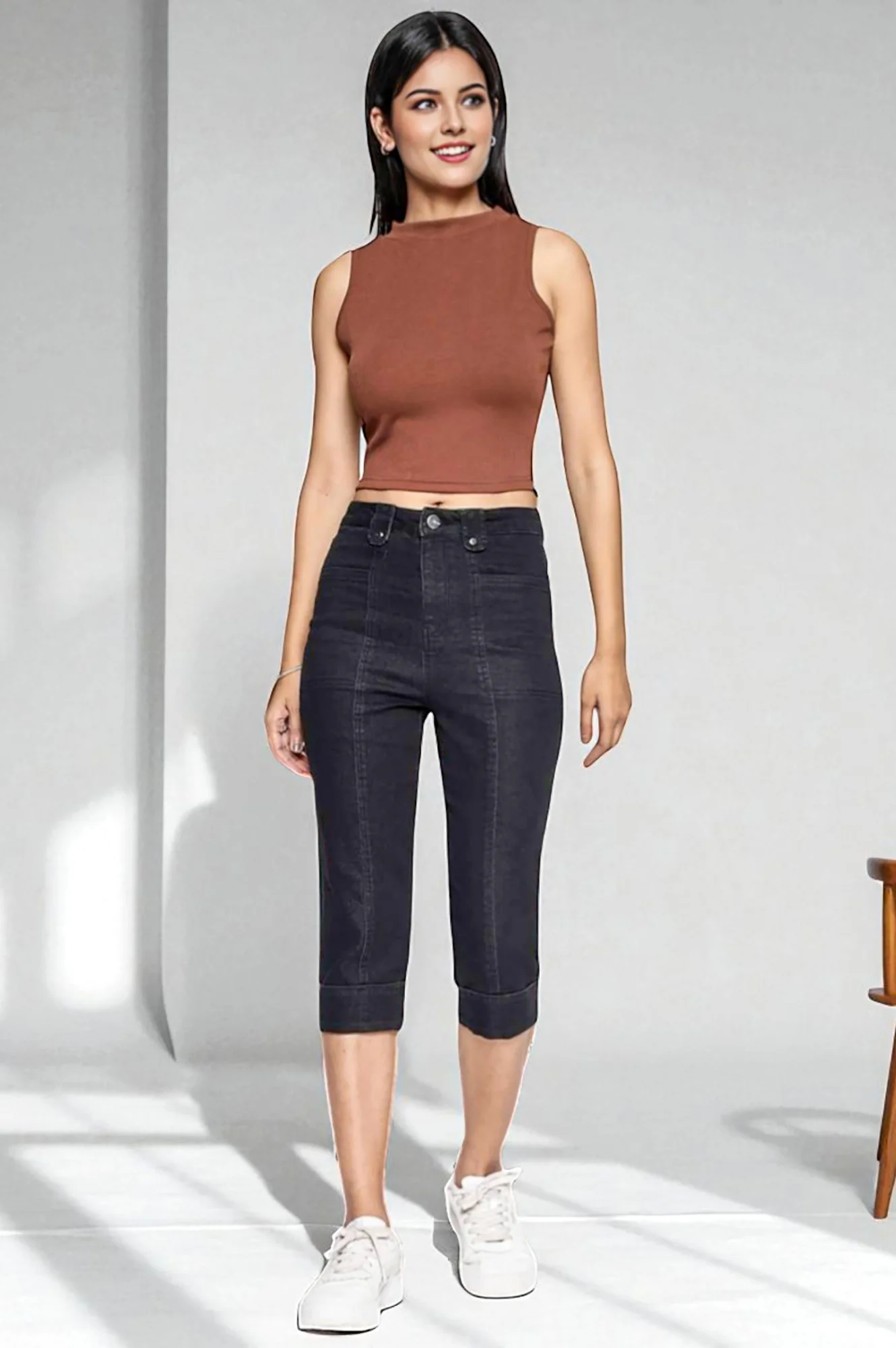 Black Cotton Denim Lycra Cropped Length Capri with YKK Zipper