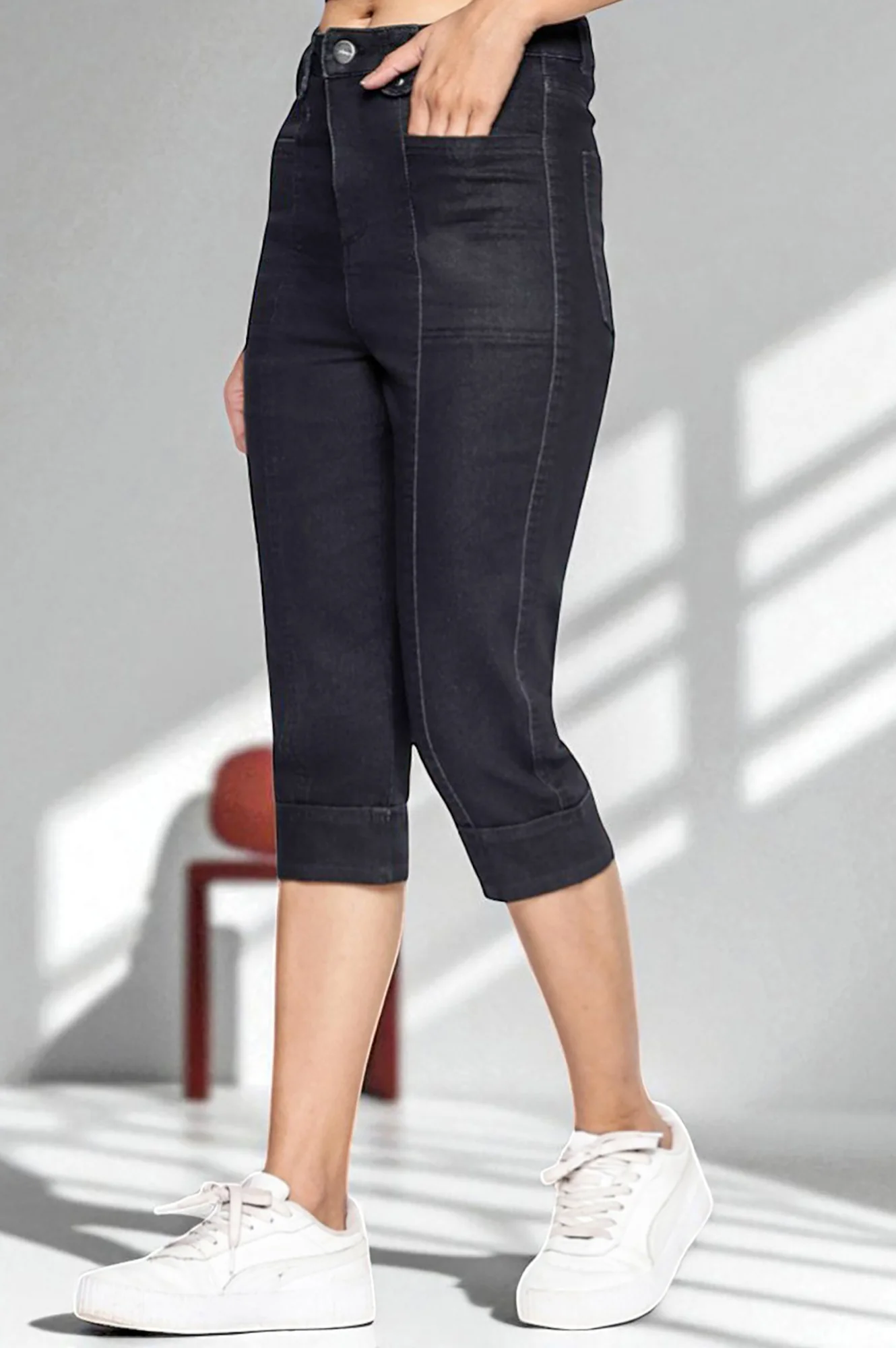 Black Cotton Denim Lycra Cropped Length Capri with YKK Zipper - Image 4