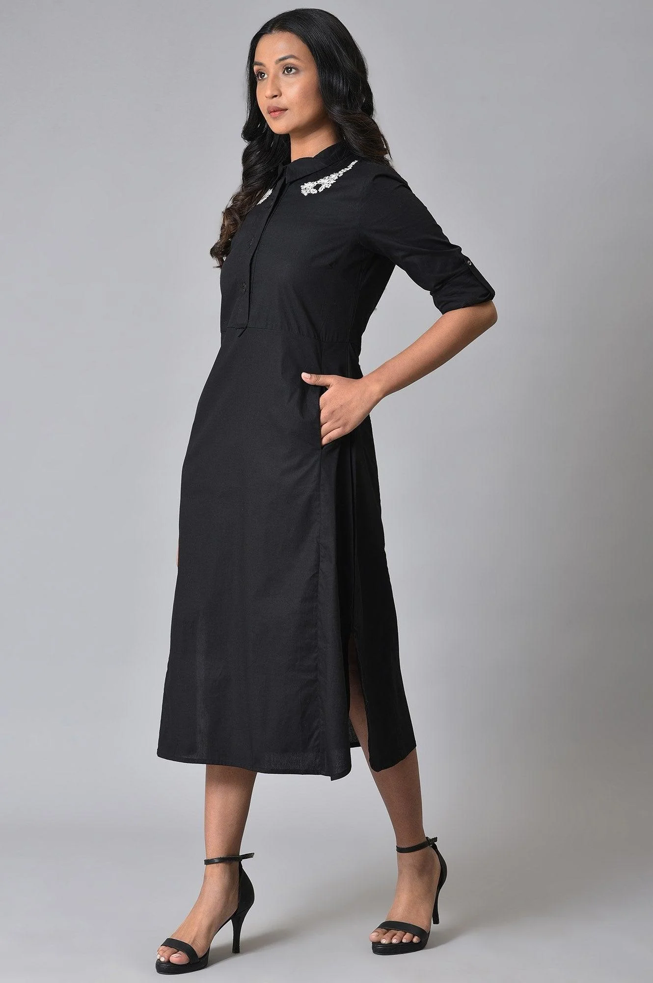 Black Cotton Embroidered Shirt Dress - Image 4