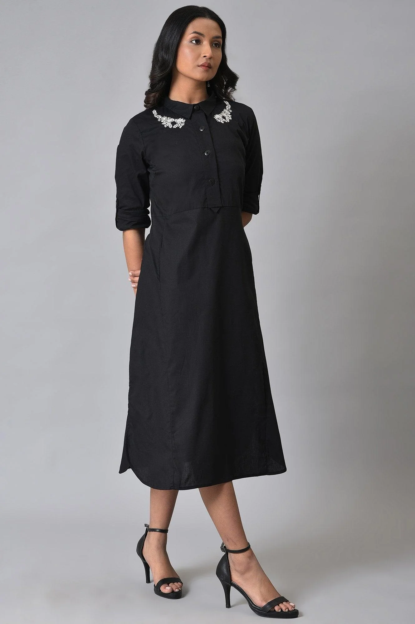 Black Cotton Embroidered Shirt Dress - Image 5