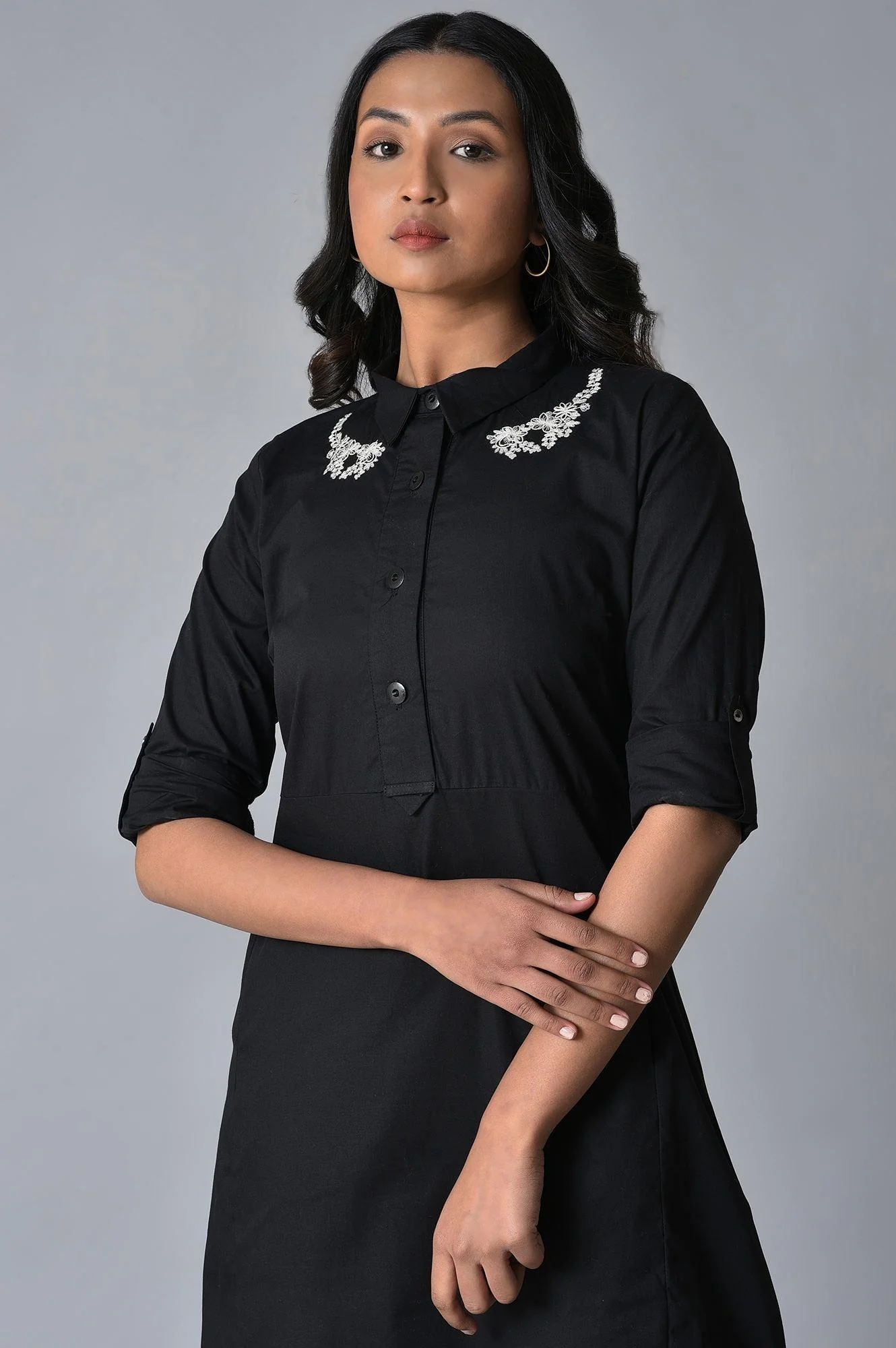 Black Cotton Embroidered Shirt Dress - Image 6