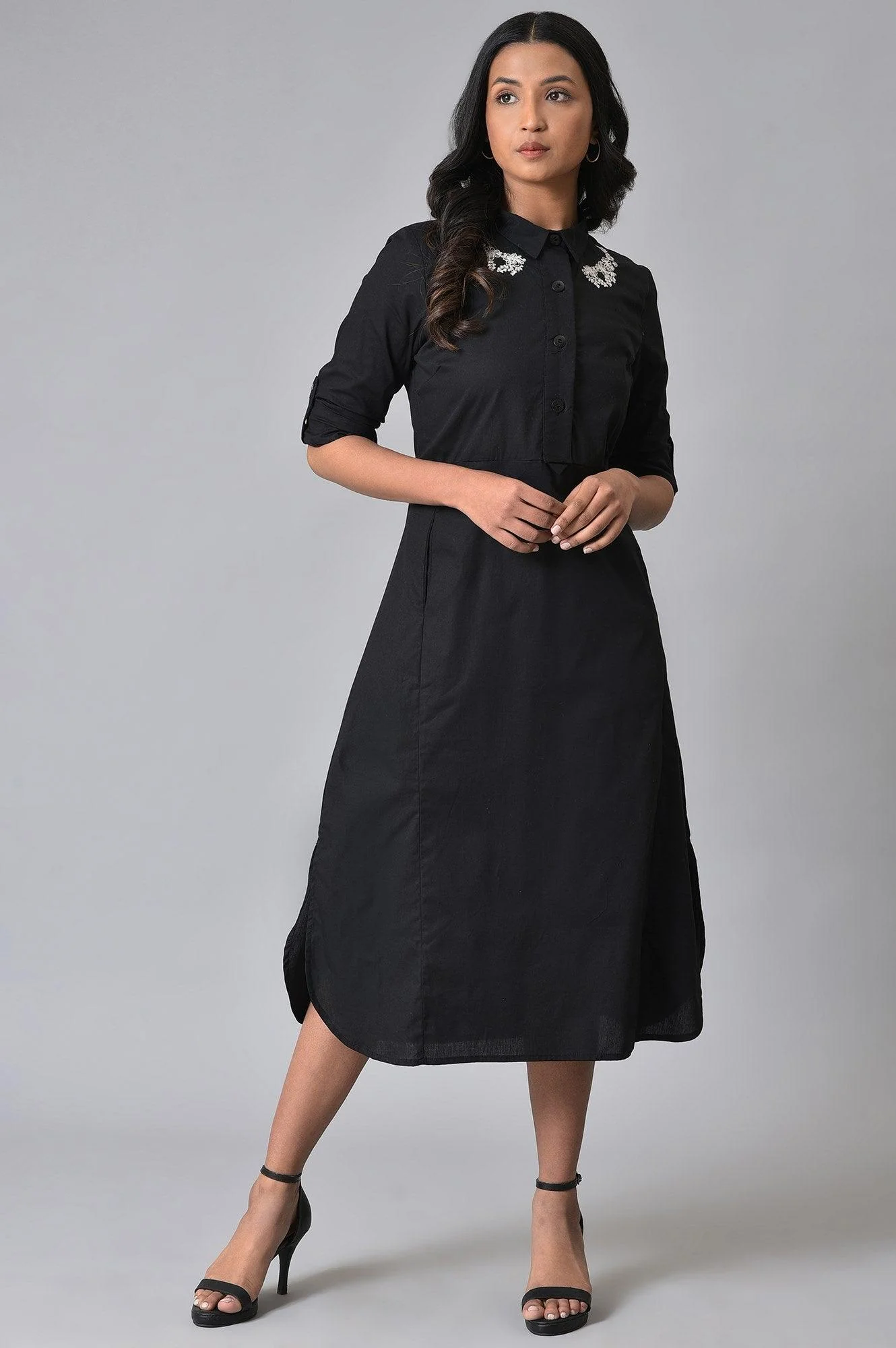 Black Cotton Embroidered Shirt Dress - Image 7
