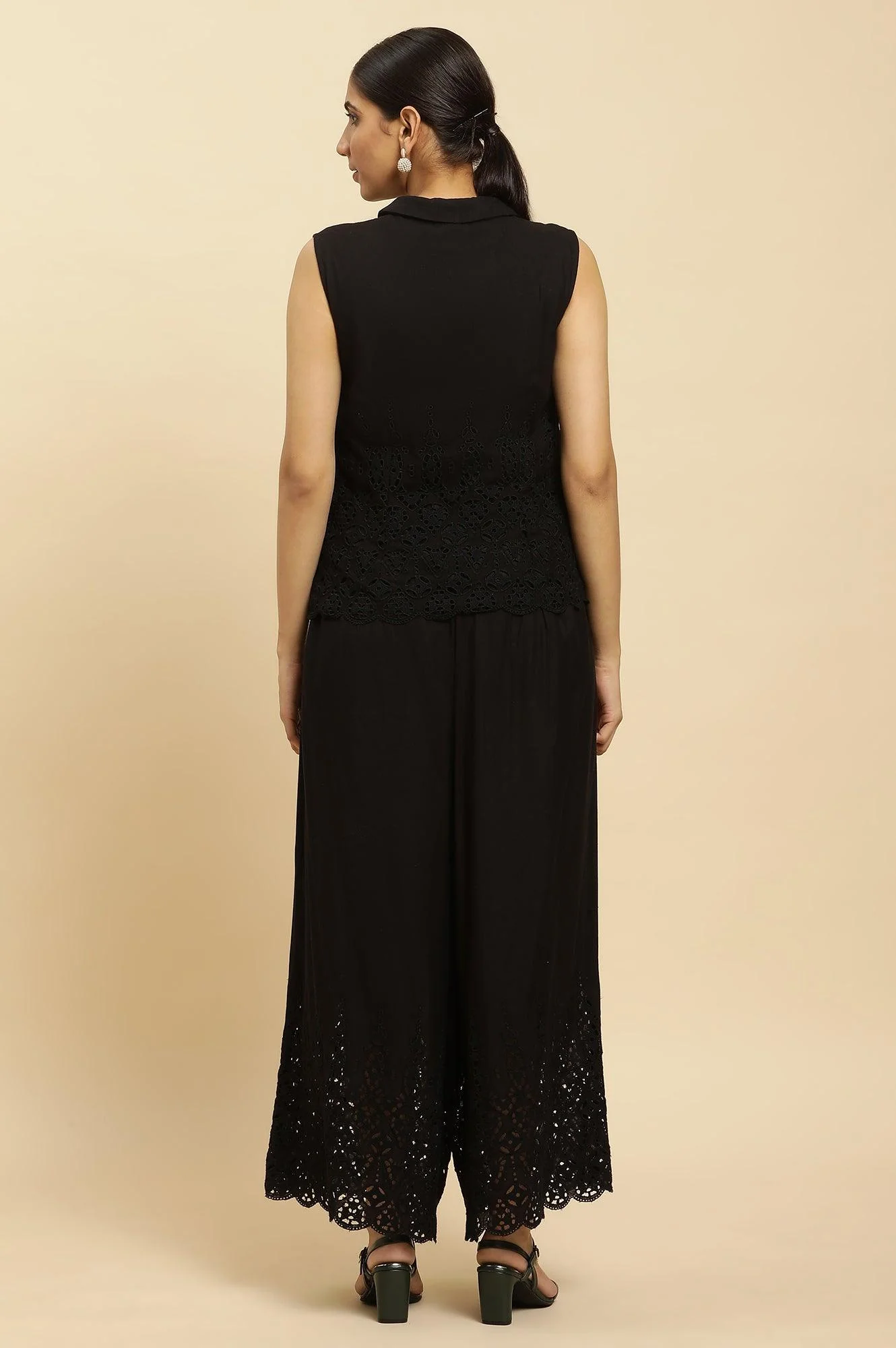 Black Cotton Schiffli Top And Pants Co-Ord Set - Image 5