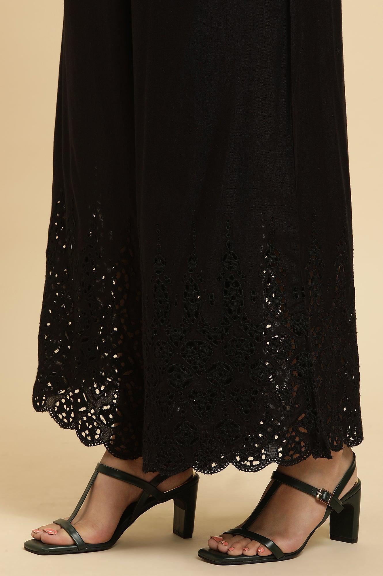 Black Cotton Schiffli Top And Pants Co-Ord Set - Image 9