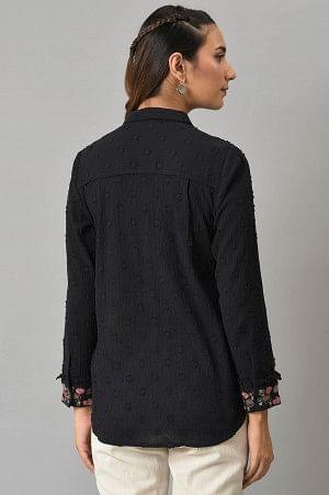 Black Cotton Shirt With Embroidered Cuffs - Image 2