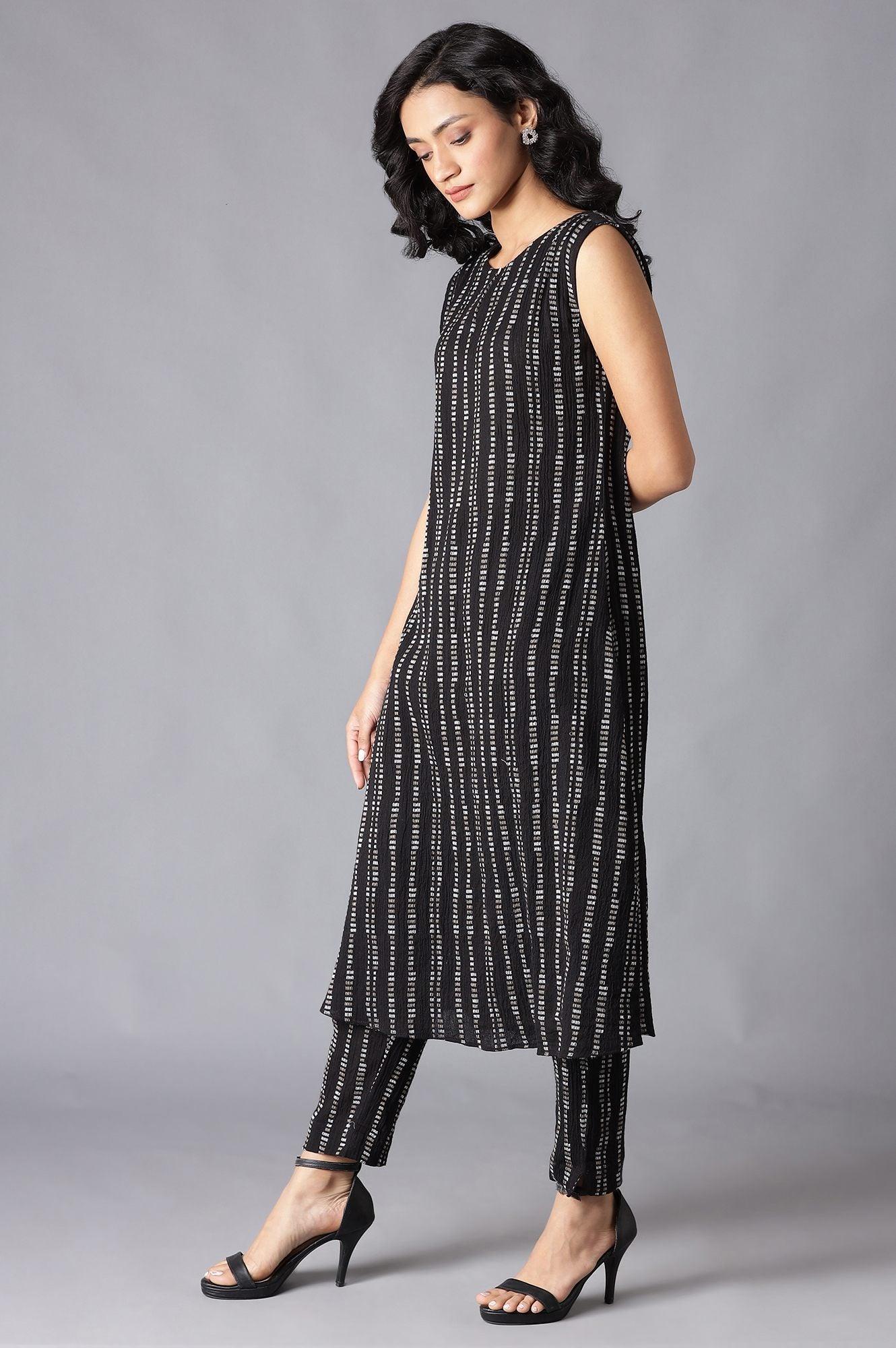 Black Cotton Sleeveless kurta With Slim Pants - Image 3