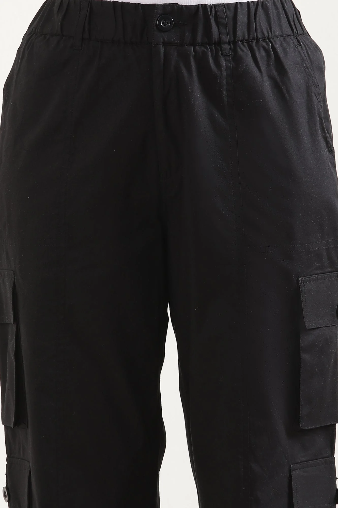 Black Solid Straight Fit Cotton Cargo Pants With Elasticated Waist - Image 6