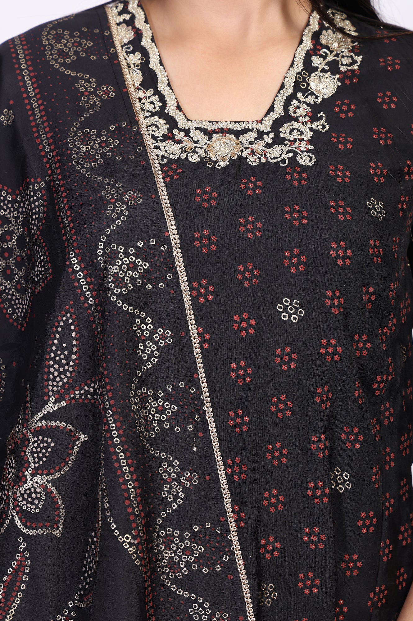 Black Embroidered A-Line Kurta with Straight Pant and Dupatta Set - Image 3