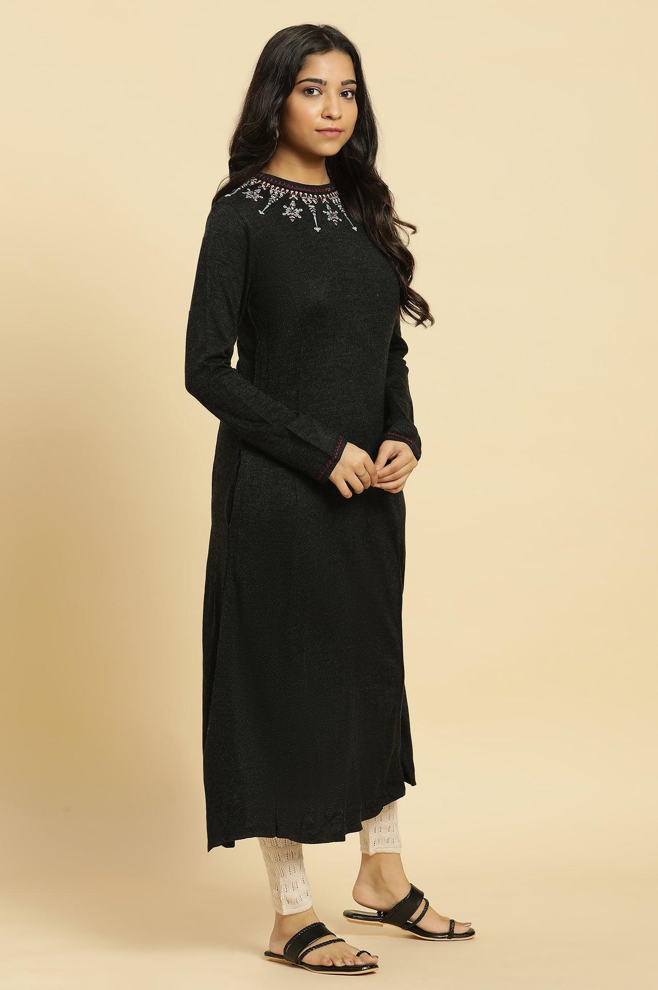 Black Embroidered Acrylic Kurta - Image 5