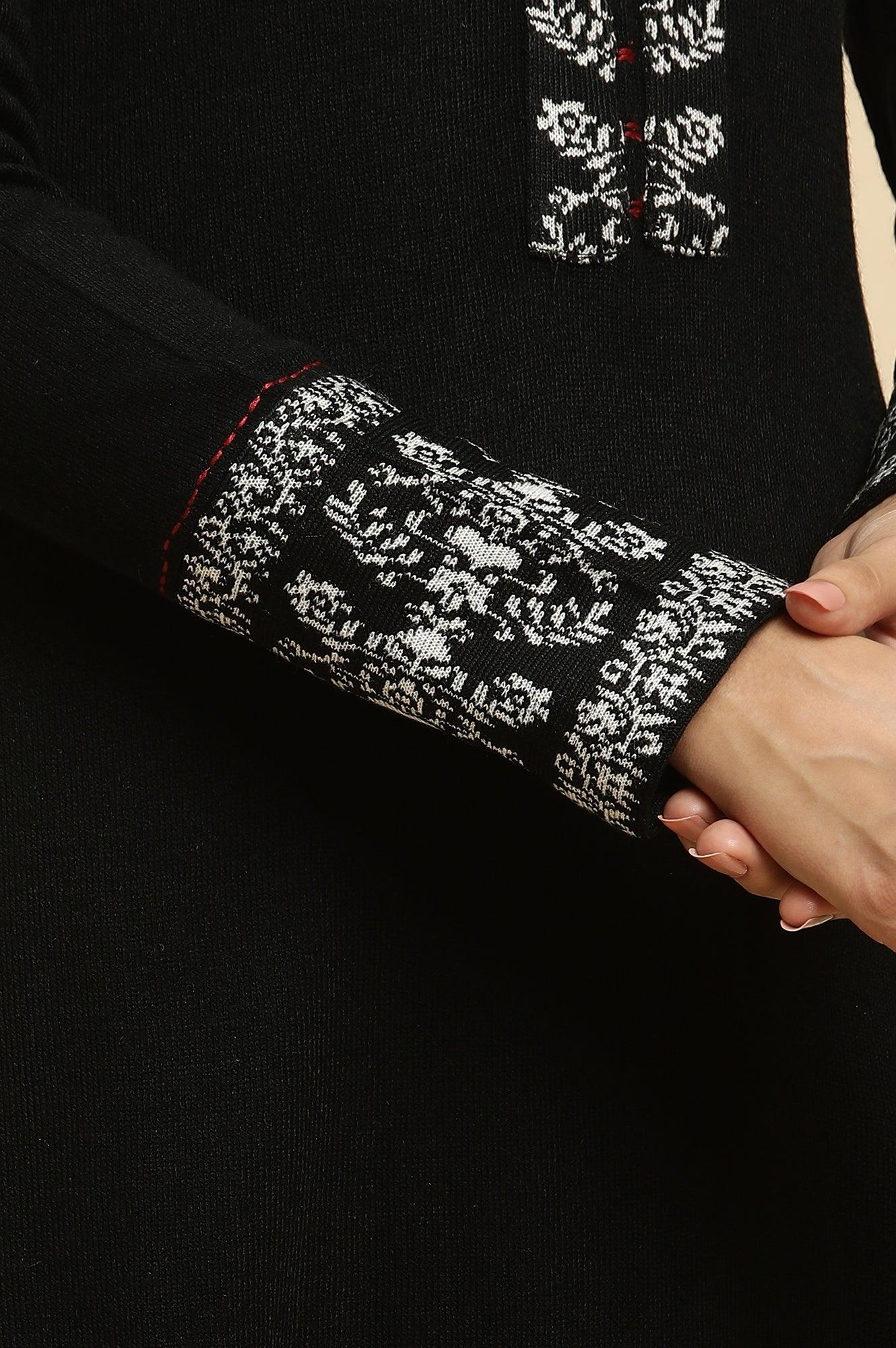 Black Embroidered Acrylic Winter Kurta And Tights Set - Image 7