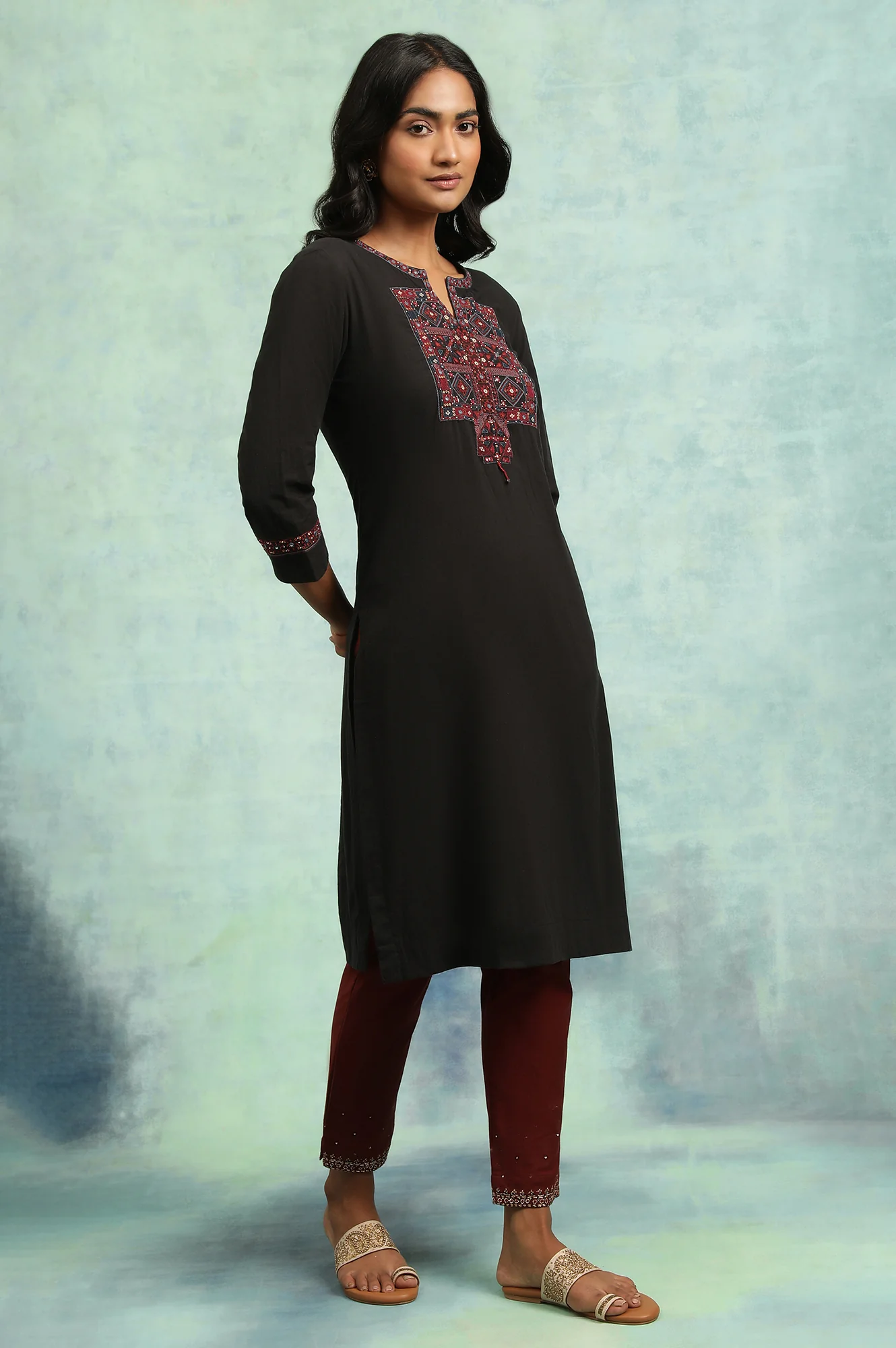 Black Embroidered Cotton kurta - Image 4