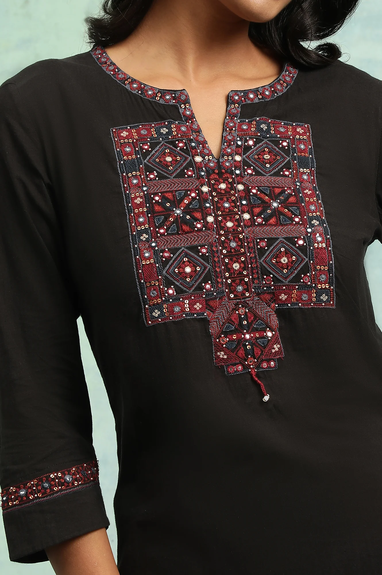 Black Embroidered Cotton kurta - Image 6