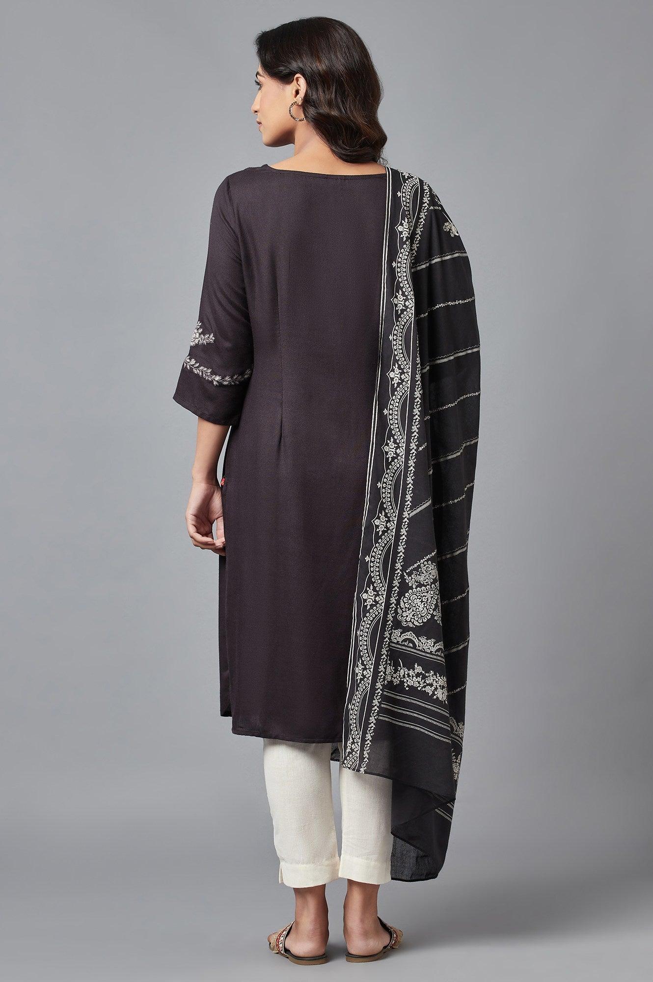 Black Embroidered kurta with Slim Pants and Dupatta - Image 2
