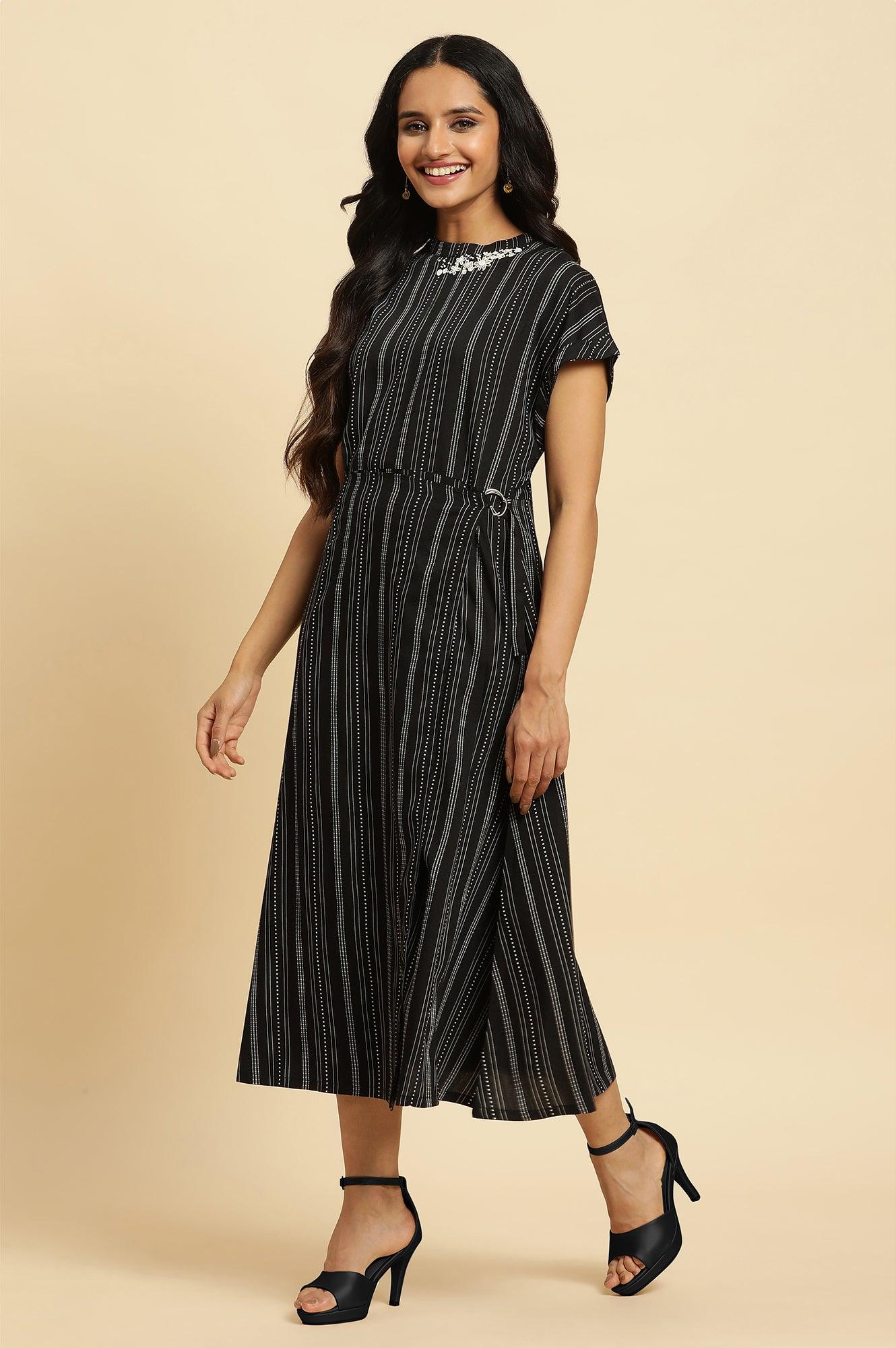Black Embroidered Neck Stripe Western Dress - Image 3