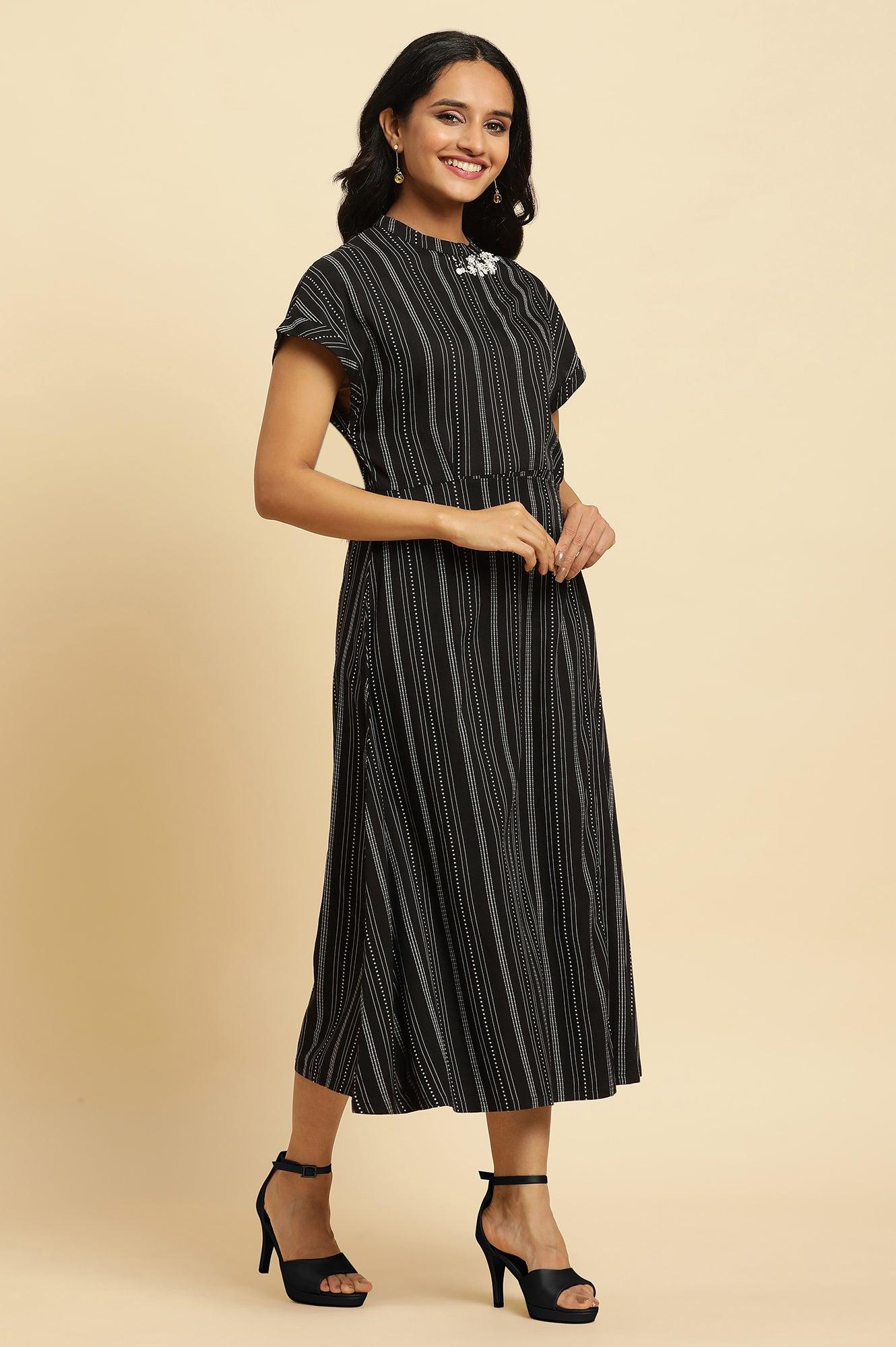Black Embroidered Neck Stripe Western Dress - Image 5