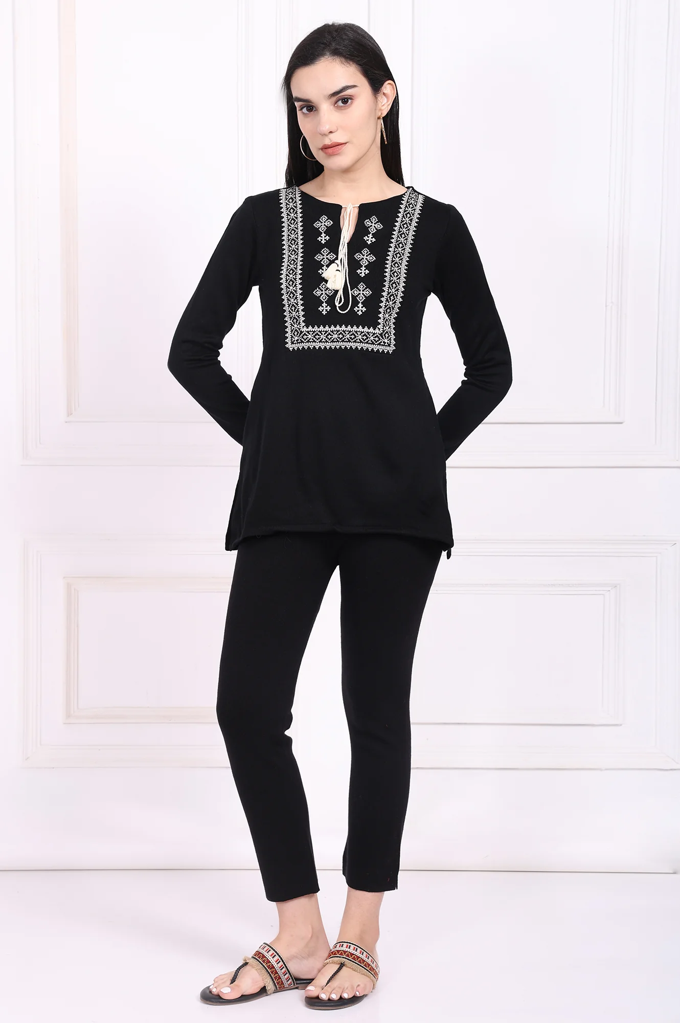 Black Embroidered Straight Acrylic Tunic - Image 2