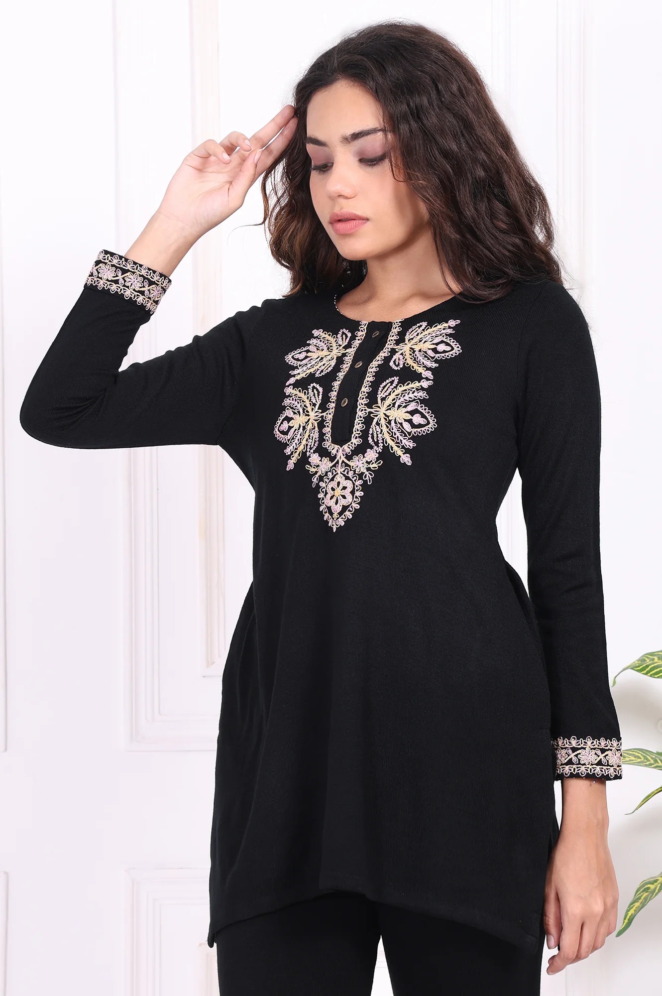 Black Embroidered Straight Acrylic Tunic - Image 4