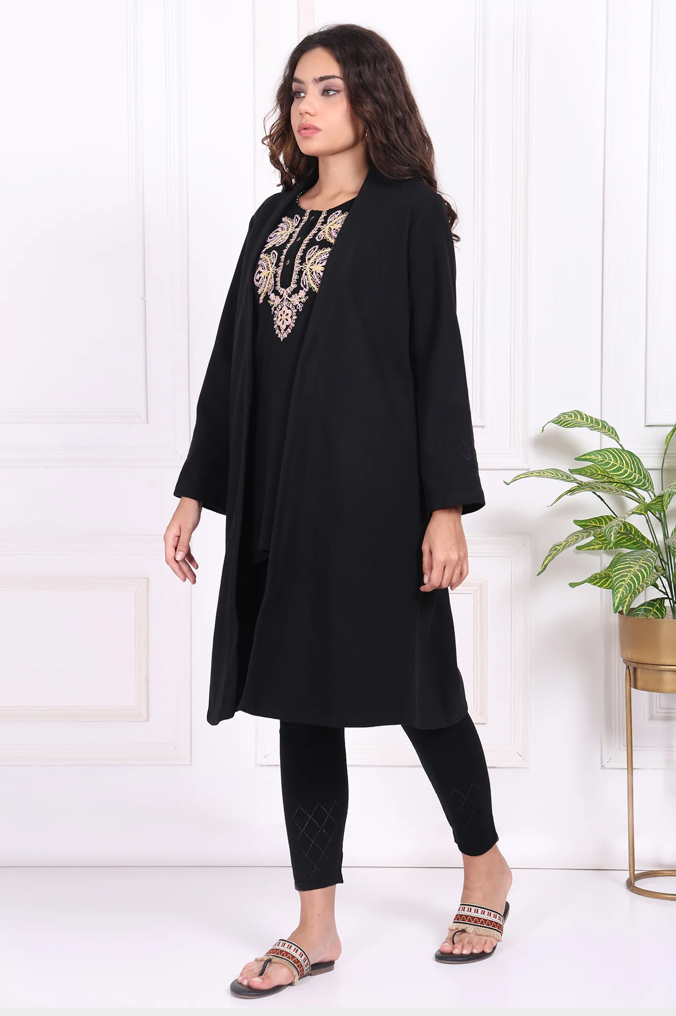 Black Embroidered Straight Woven Coat - Image 3