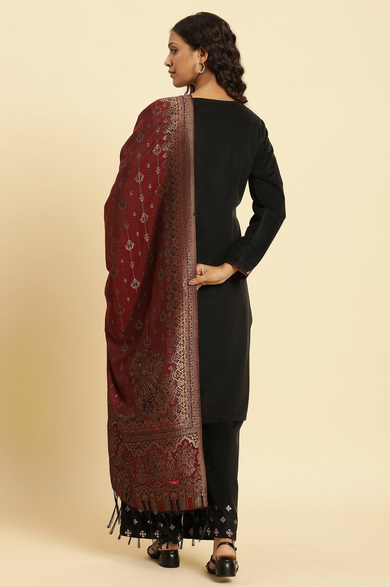 Black Embroidered Velvet Winter Kurta, Pants And Shawl Set - Image 4