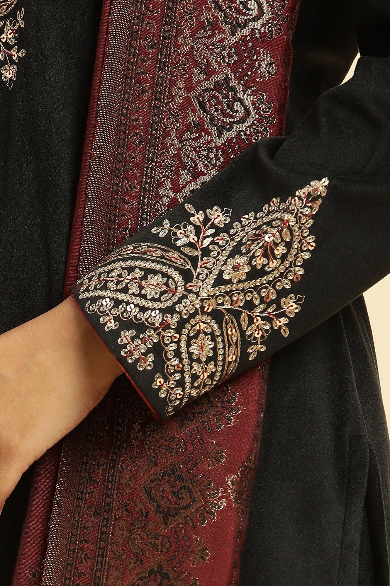 Black Embroidered Velvet Winter Kurta, Pants And Shawl Set - Image 7