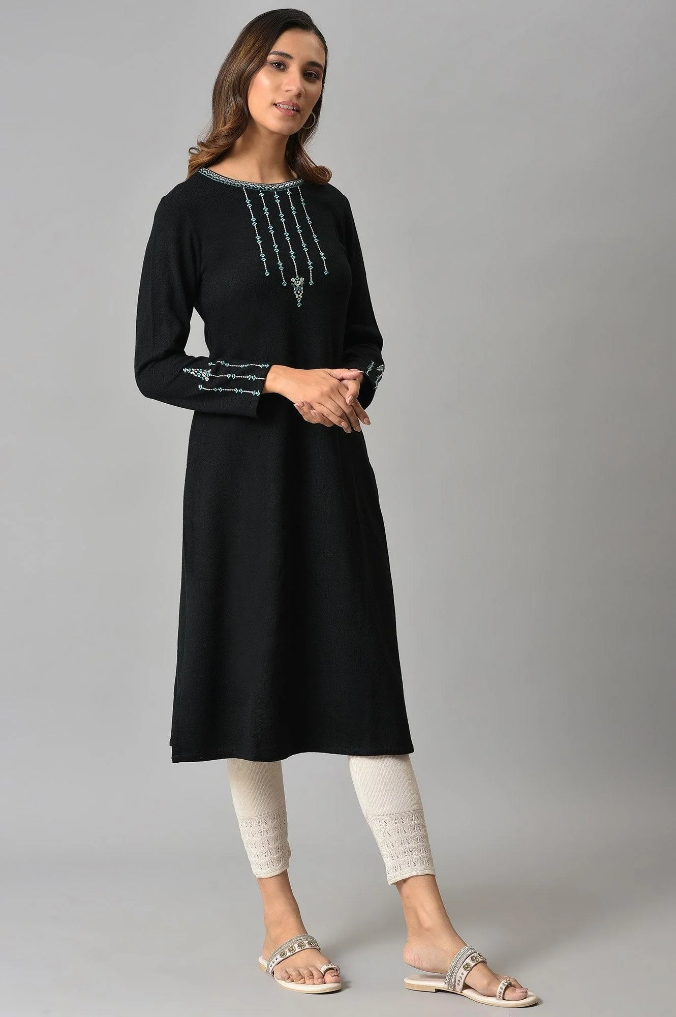 Black Embroidered Winter kurta - Image 4