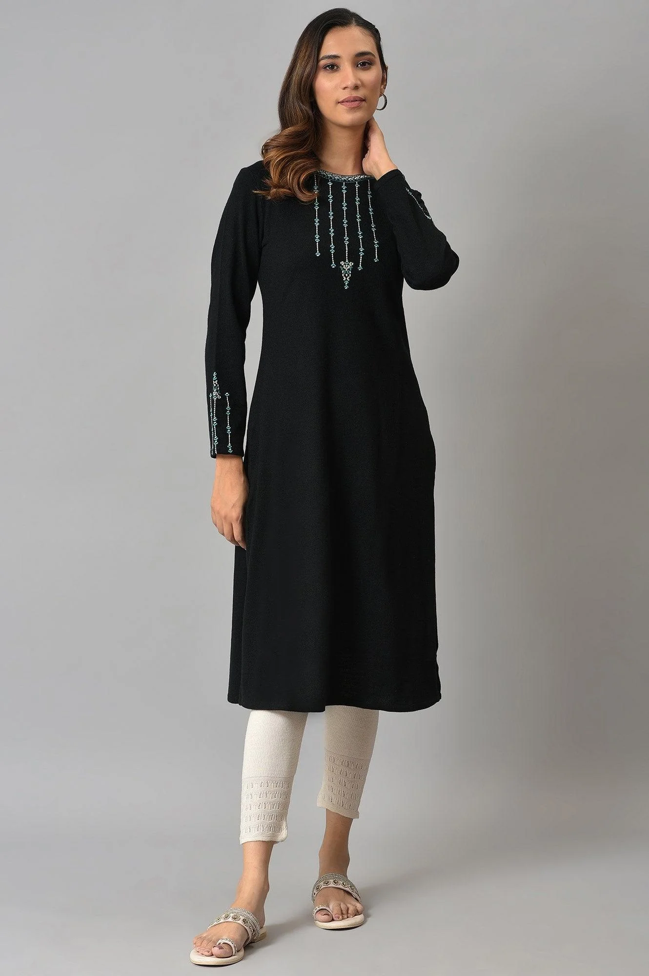 Black Embroidered Winter kurta - Image 5