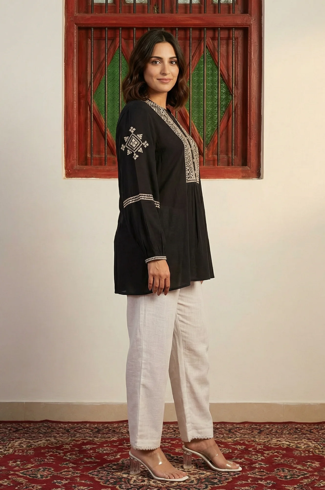 Black Ethnic Motifs Embroidered Straight Top - Image 5