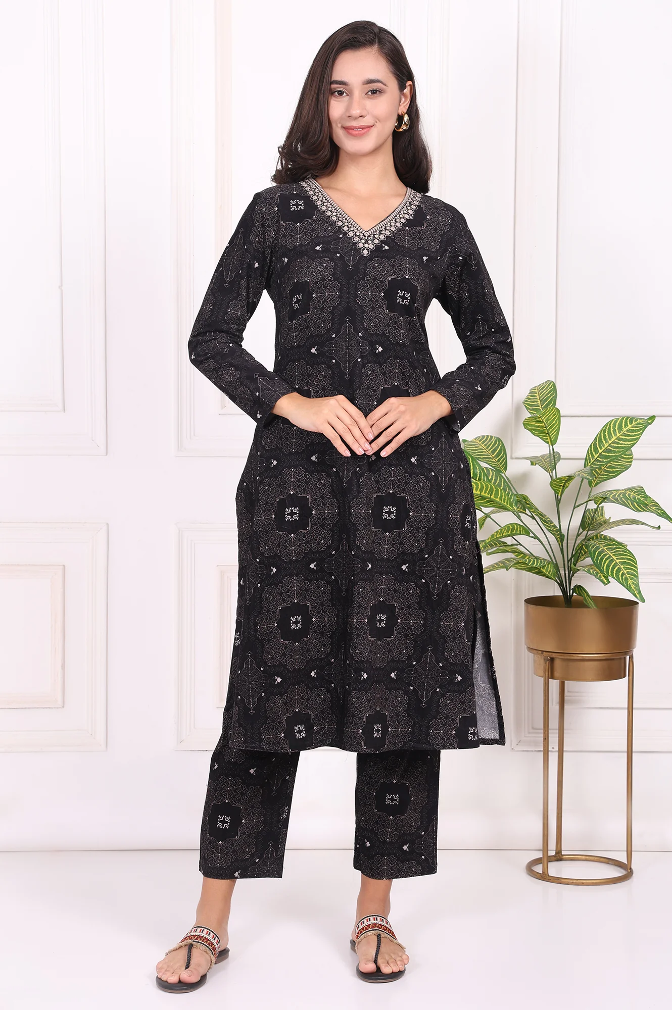 Black Ethnic Motifs Printed Embroidered Pure Cotton Straight Kurta and Pants Set