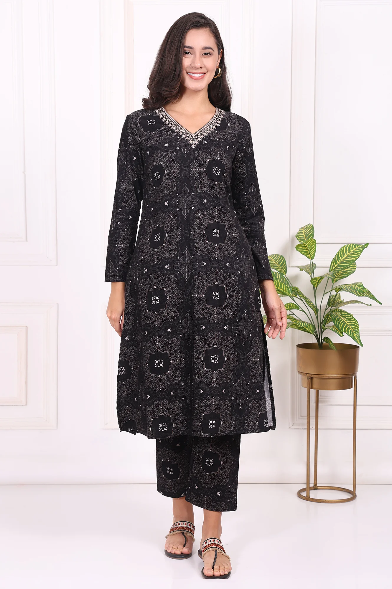 Black Ethnic Motifs Printed Embroidered Pure Cotton Straight Kurta and Pants Set - Image 2
