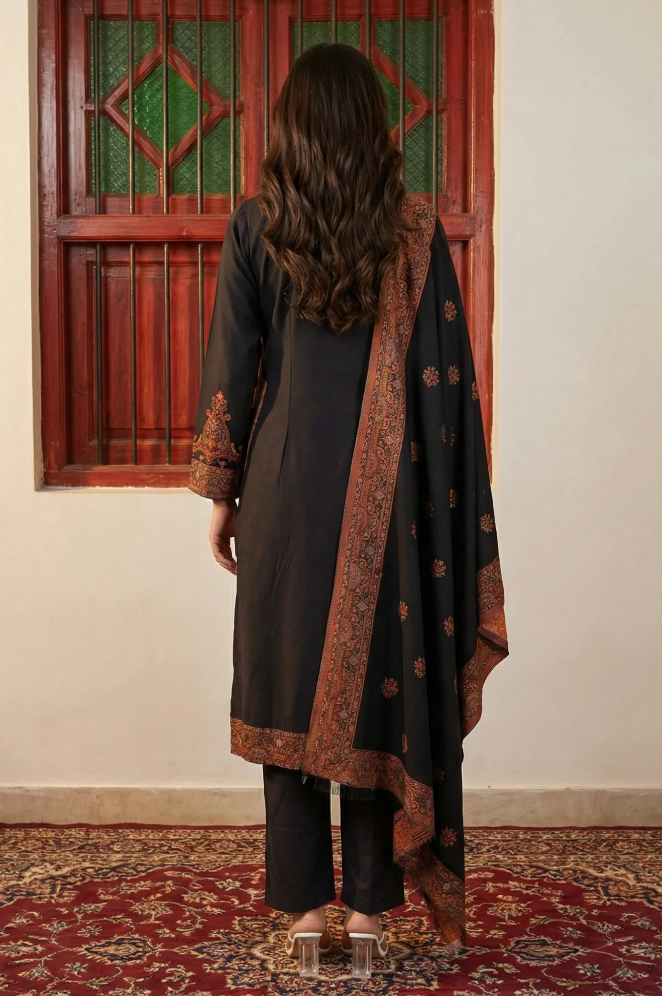 Black Ethnic Motifs Jacquard Straight Kurta with Pants and Dupatta Set - Image 4