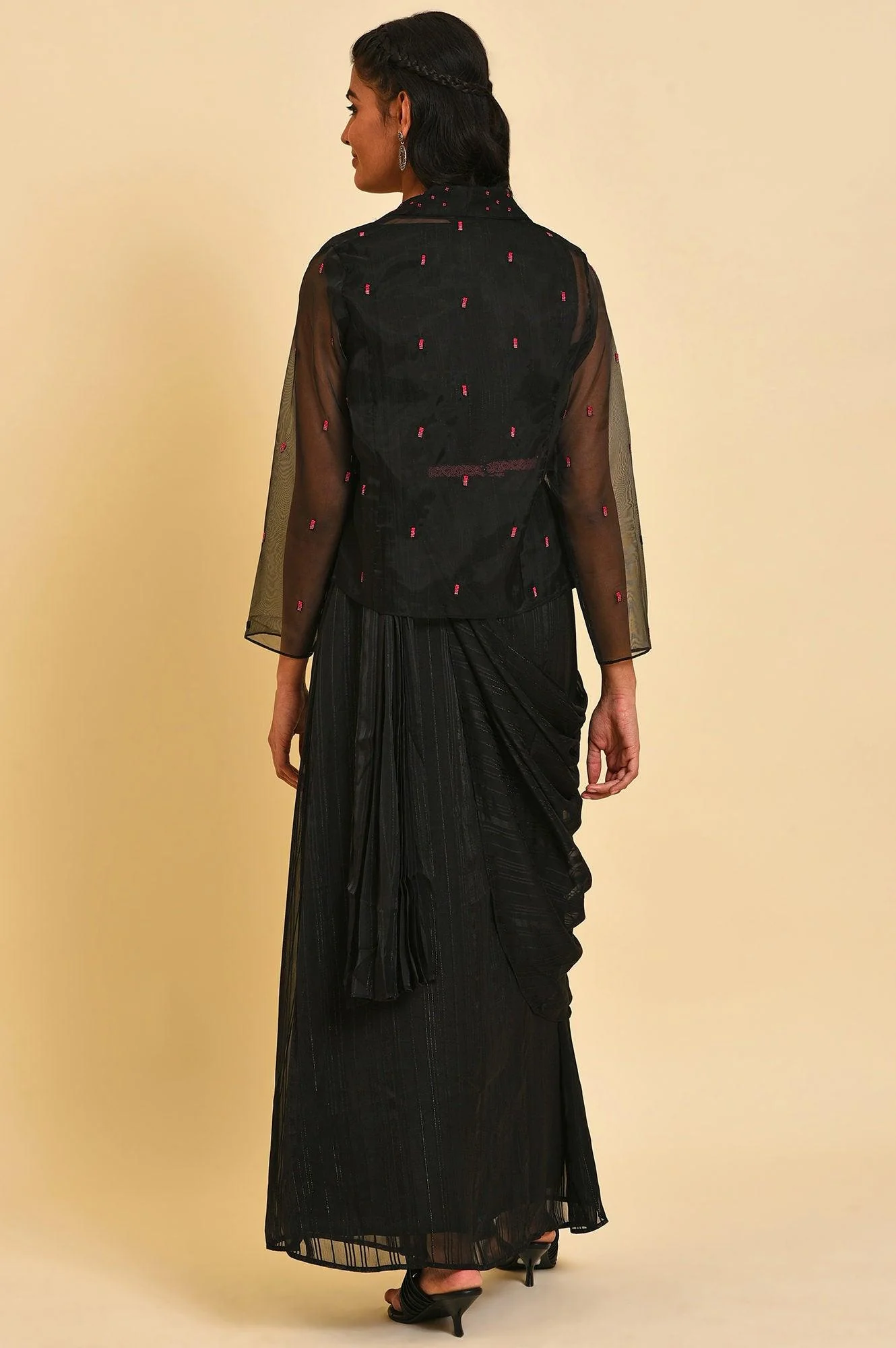 Black Festive Predrape Saree With Short Jacket - Image 2