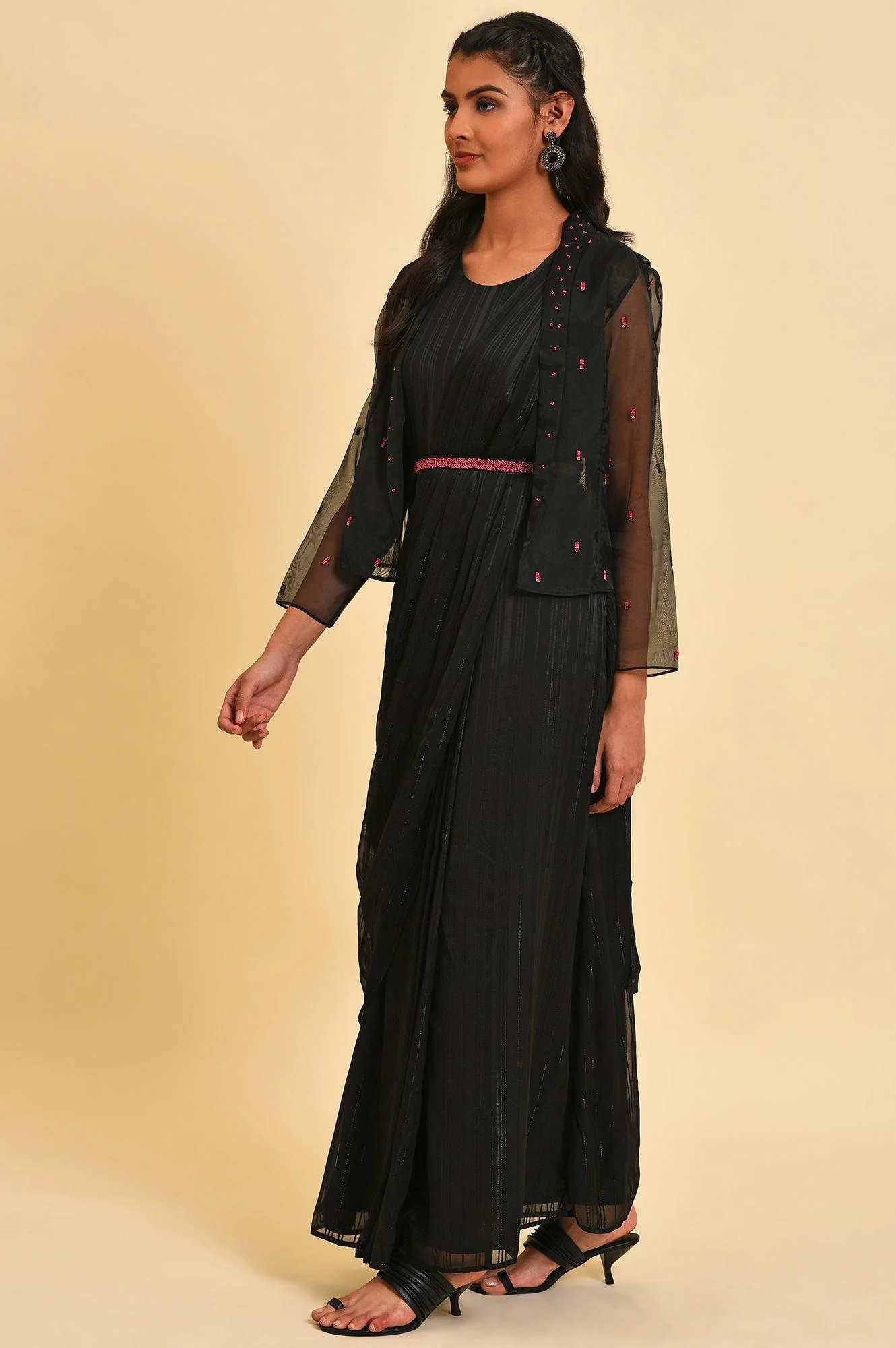 Black Festive Predrape Saree With Short Jacket - Image 3