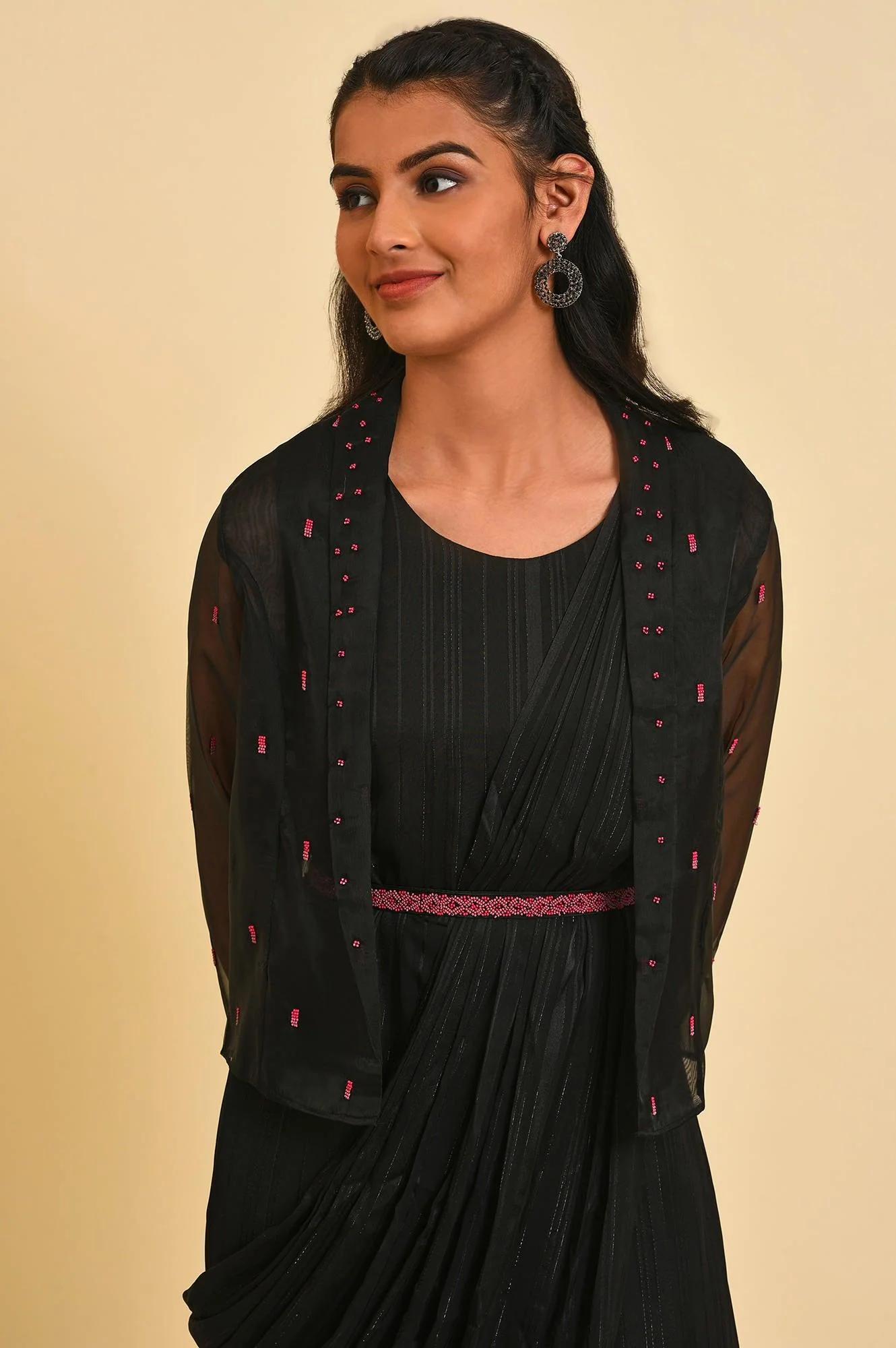 Black Festive Predrape Saree With Short Jacket - Image 5