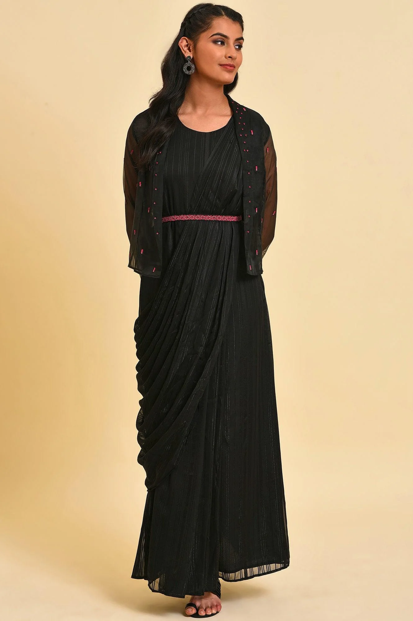 Black Festive Predrape Saree With Short Jacket - Image 8