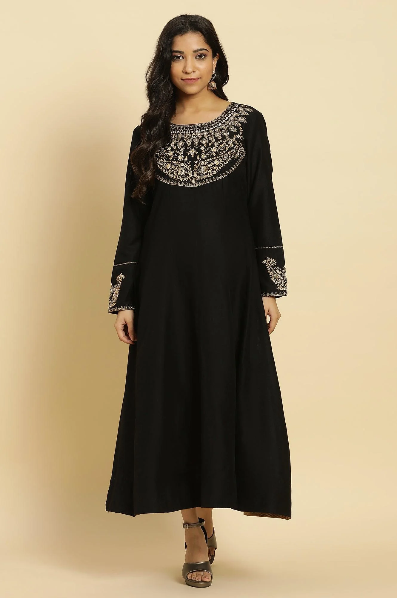 Black Flared Embroidered Kurta - Image 2
