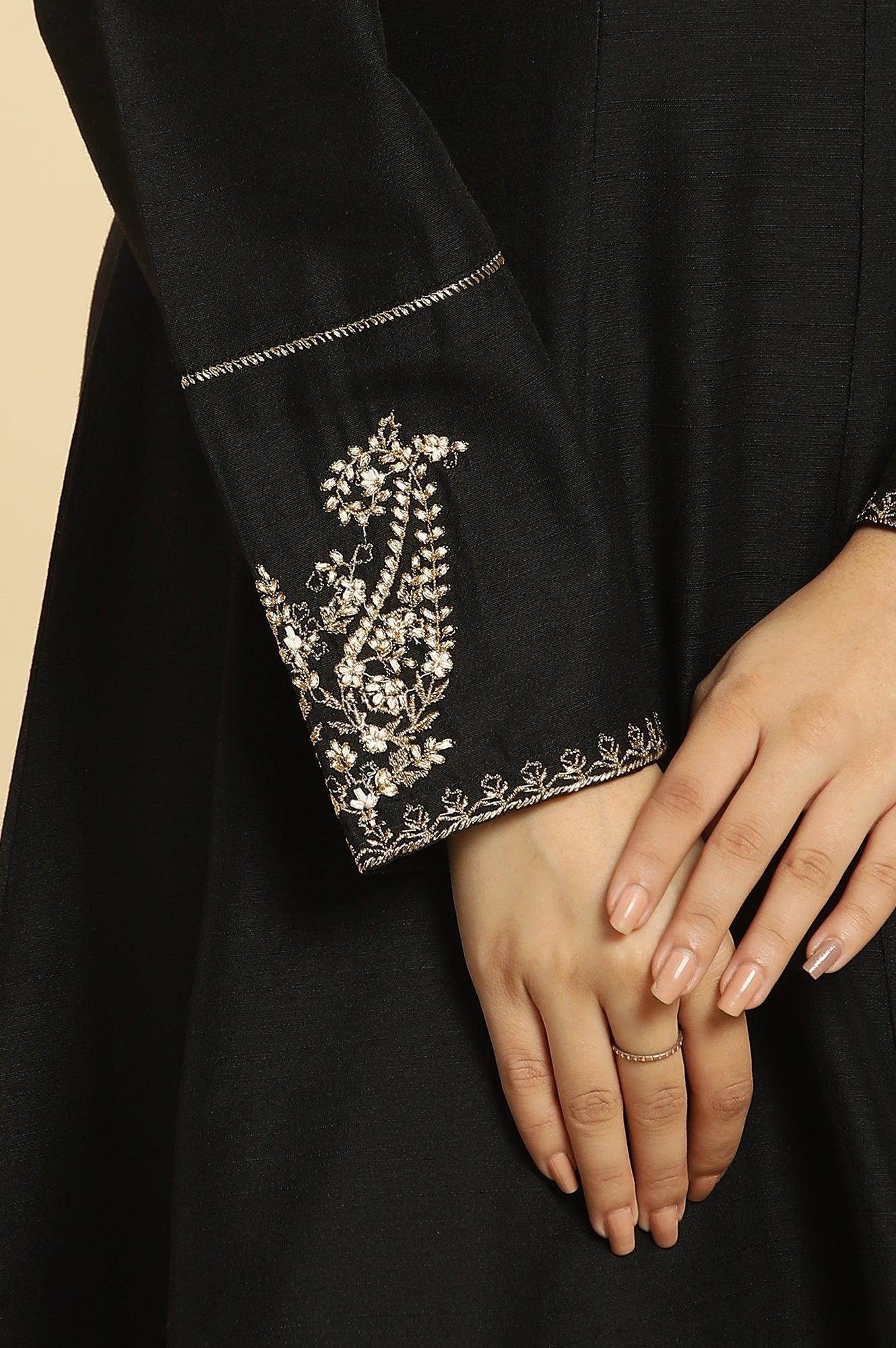 Black Flared Embroidered Kurta - Image 7