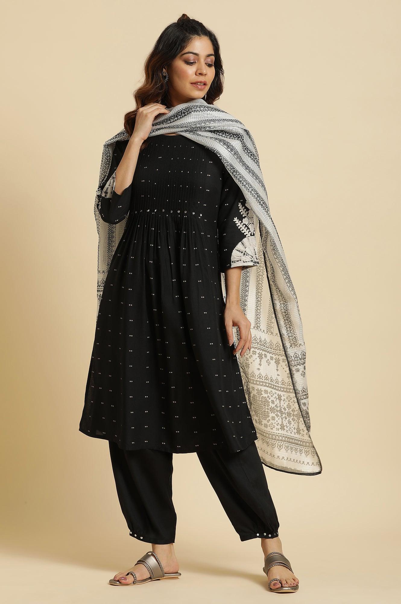 Black Flared Kurta With Bandani & Tie-Dye Detail - Image 6