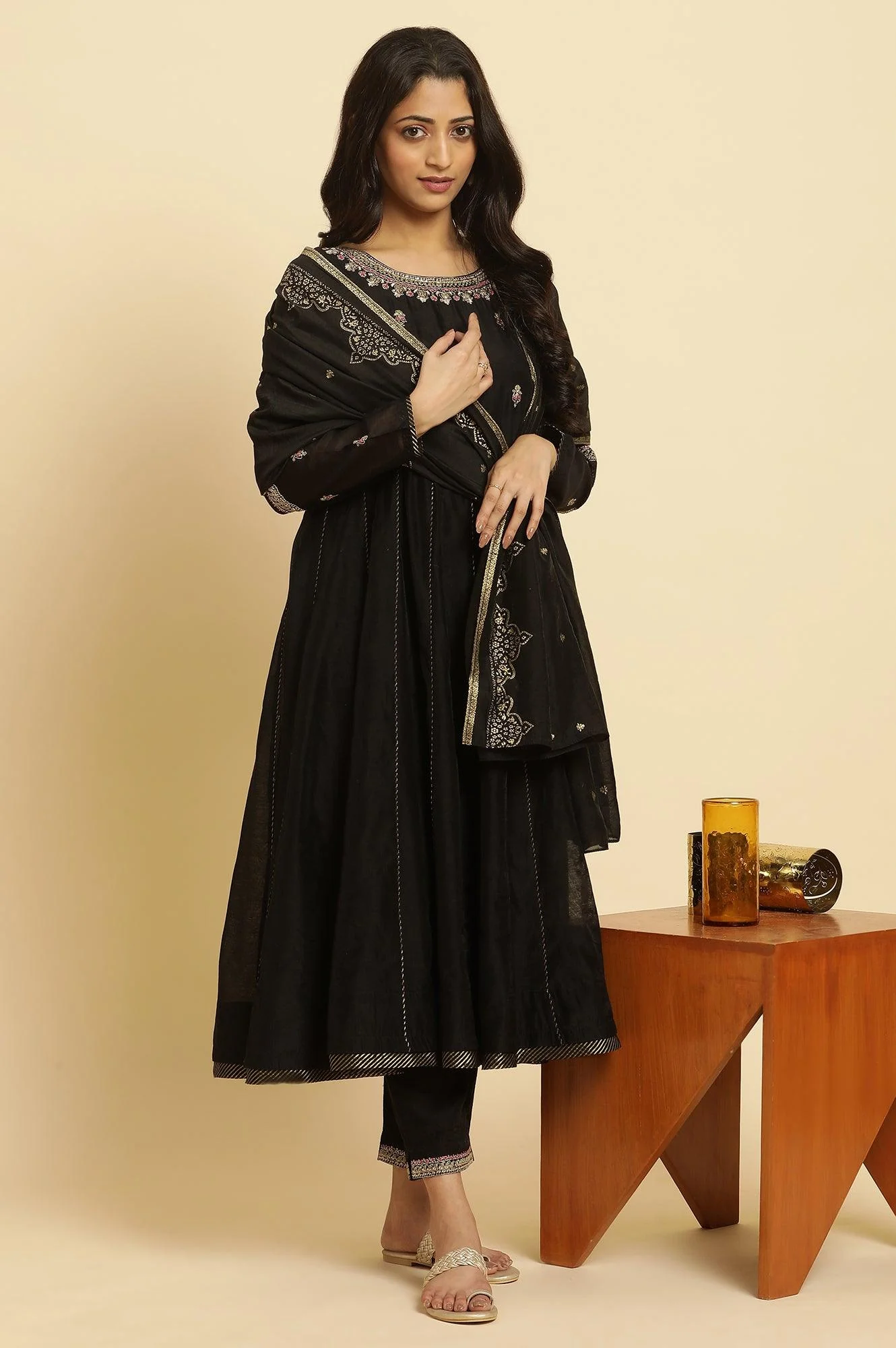 Black Flared Metallic Embroidered Kurta, Pants And Dupatta Set - Image 2