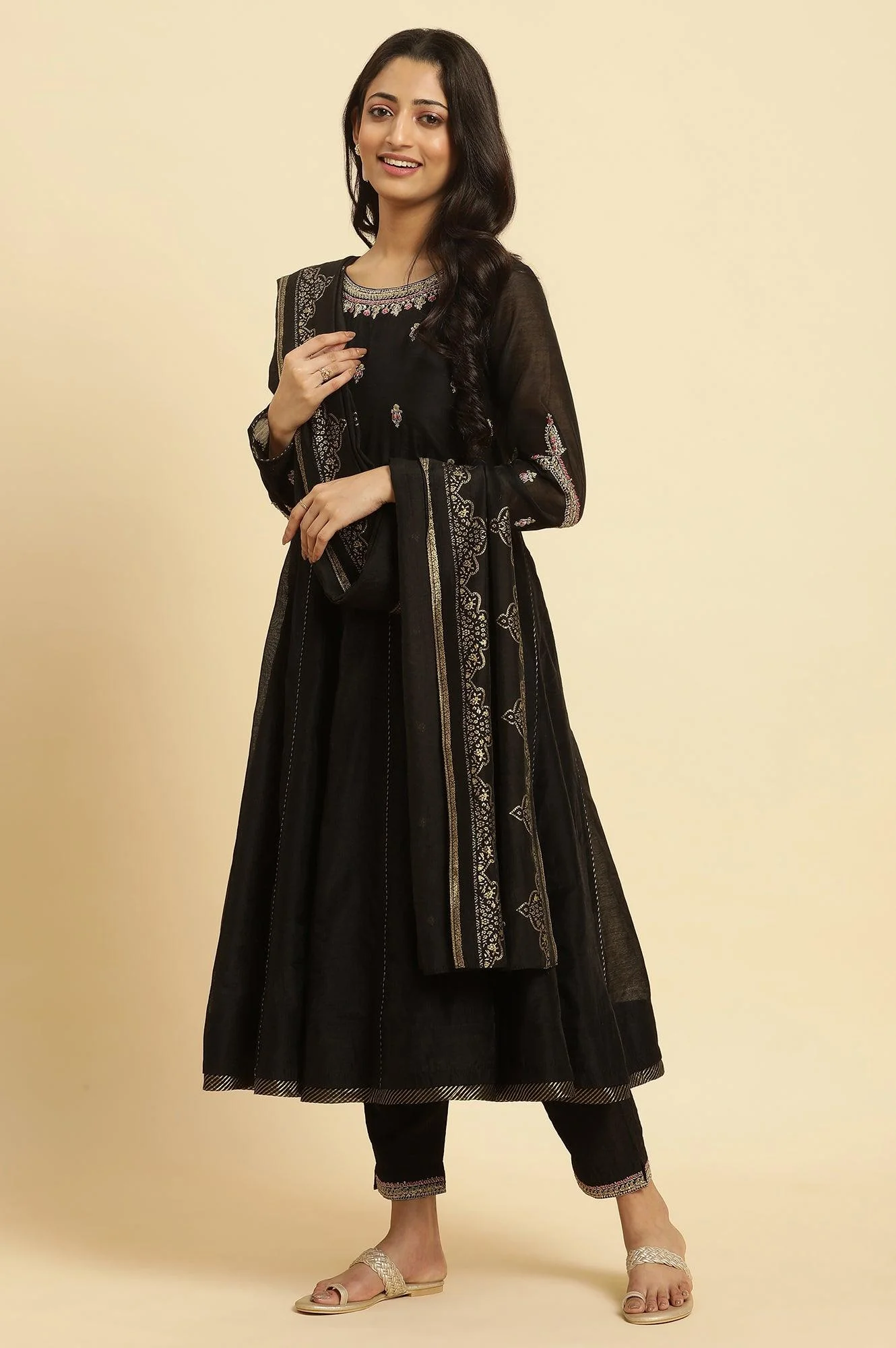 Black Flared Metallic Embroidered Kurta, Pants And Dupatta Set - Image 3