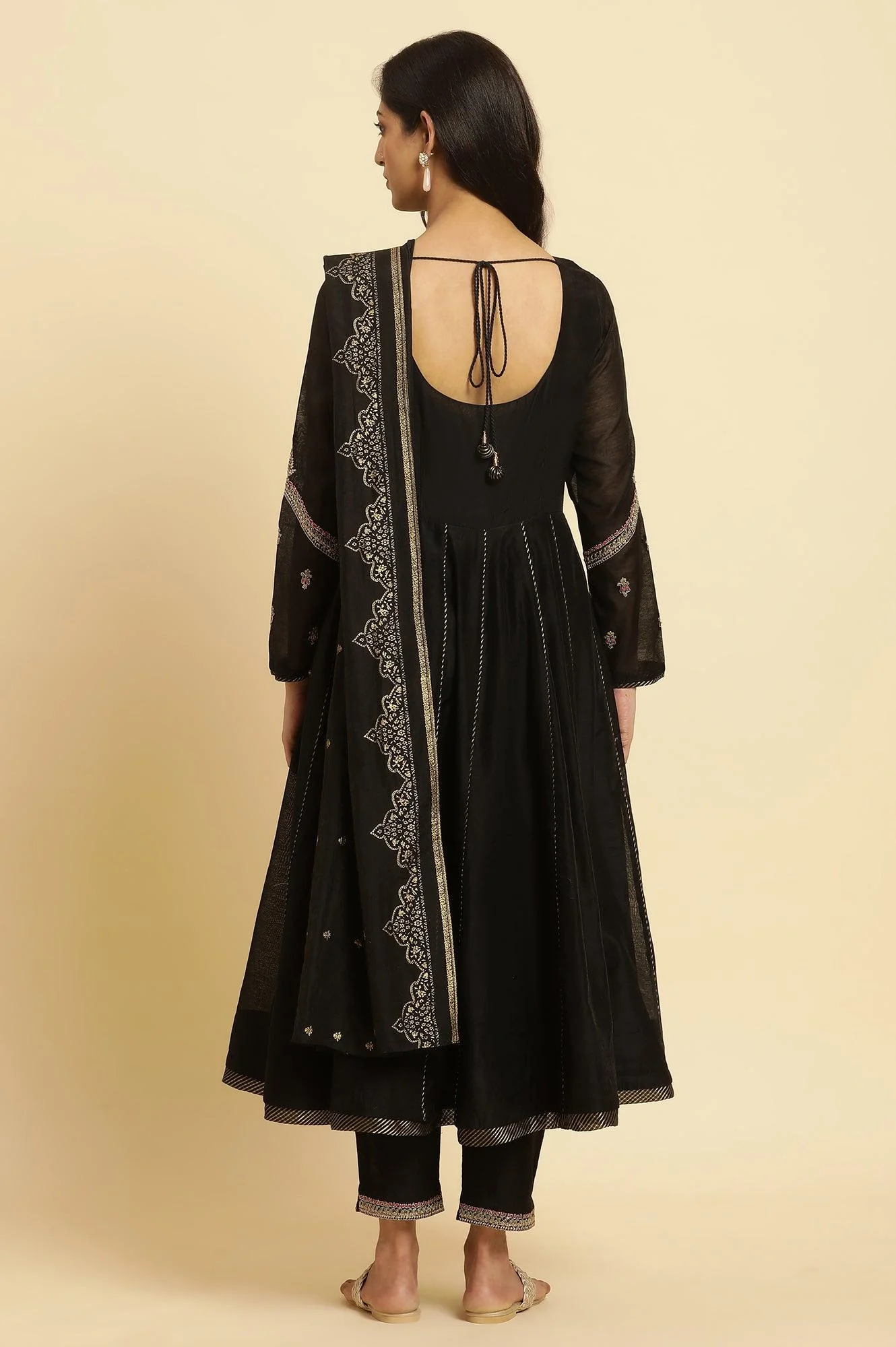 Black Flared Metallic Embroidered Kurta, Pants And Dupatta Set - Image 5