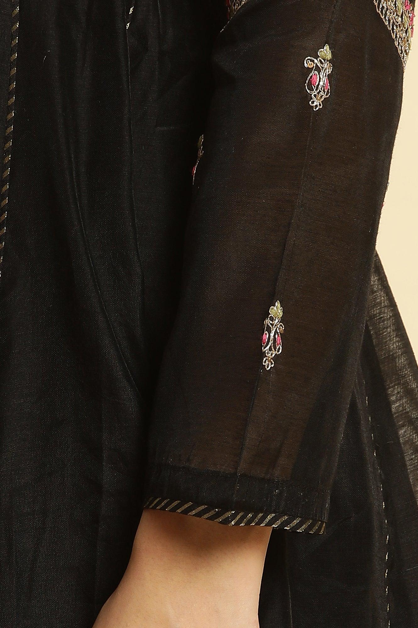 Black Flared Metallic Embroidered Kurta, Pants And Dupatta Set - Image 8