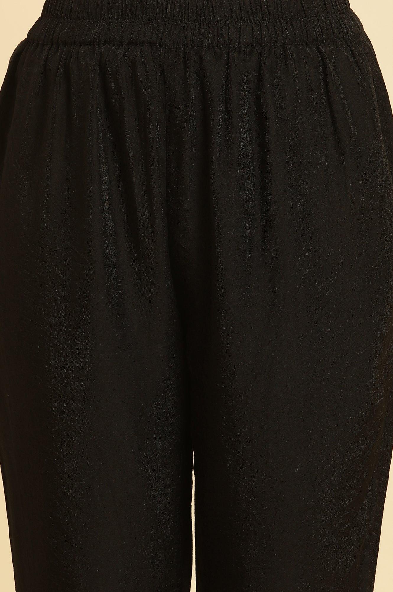Black Flared Metallic Embroidered Kurta, Pants And Dupatta Set - Image 9