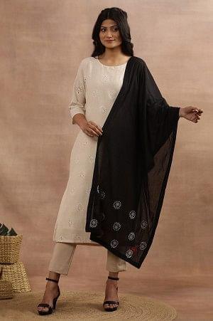 Black Floral Embroidered Cotton Dupatta - Image 3