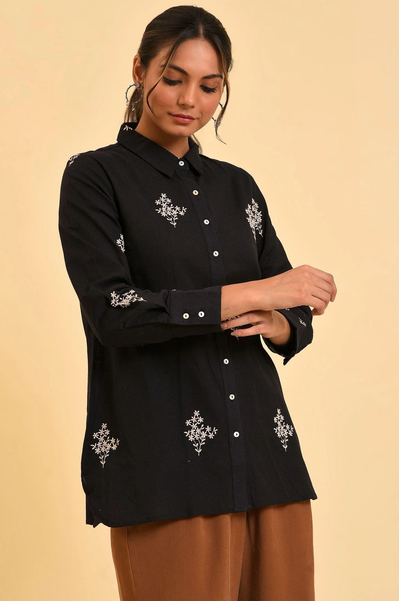 Black Floral Embroidered Women Shirt - Image 4